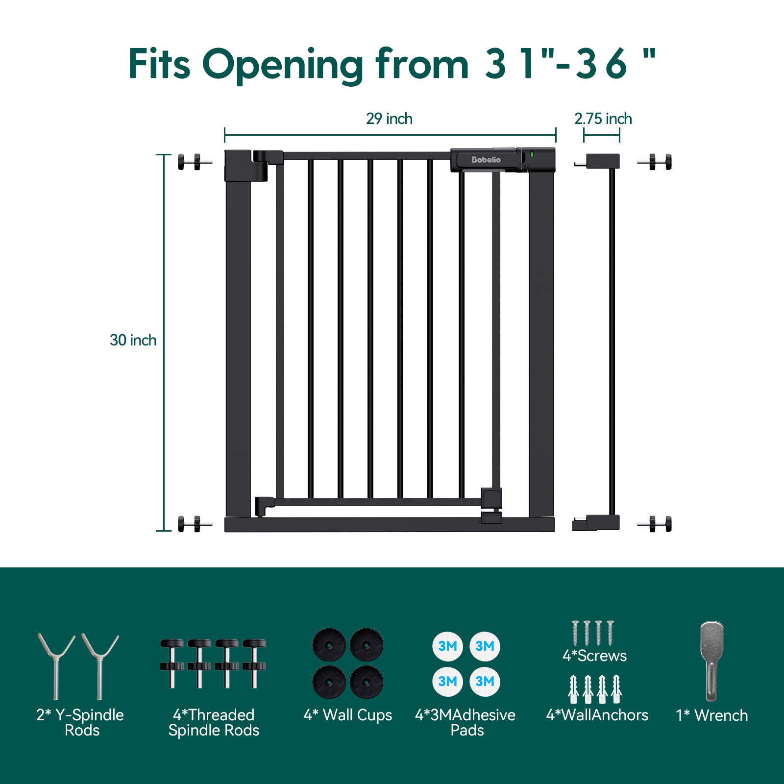 Dog gate with dimensions and installation components on a white background#Color_Black