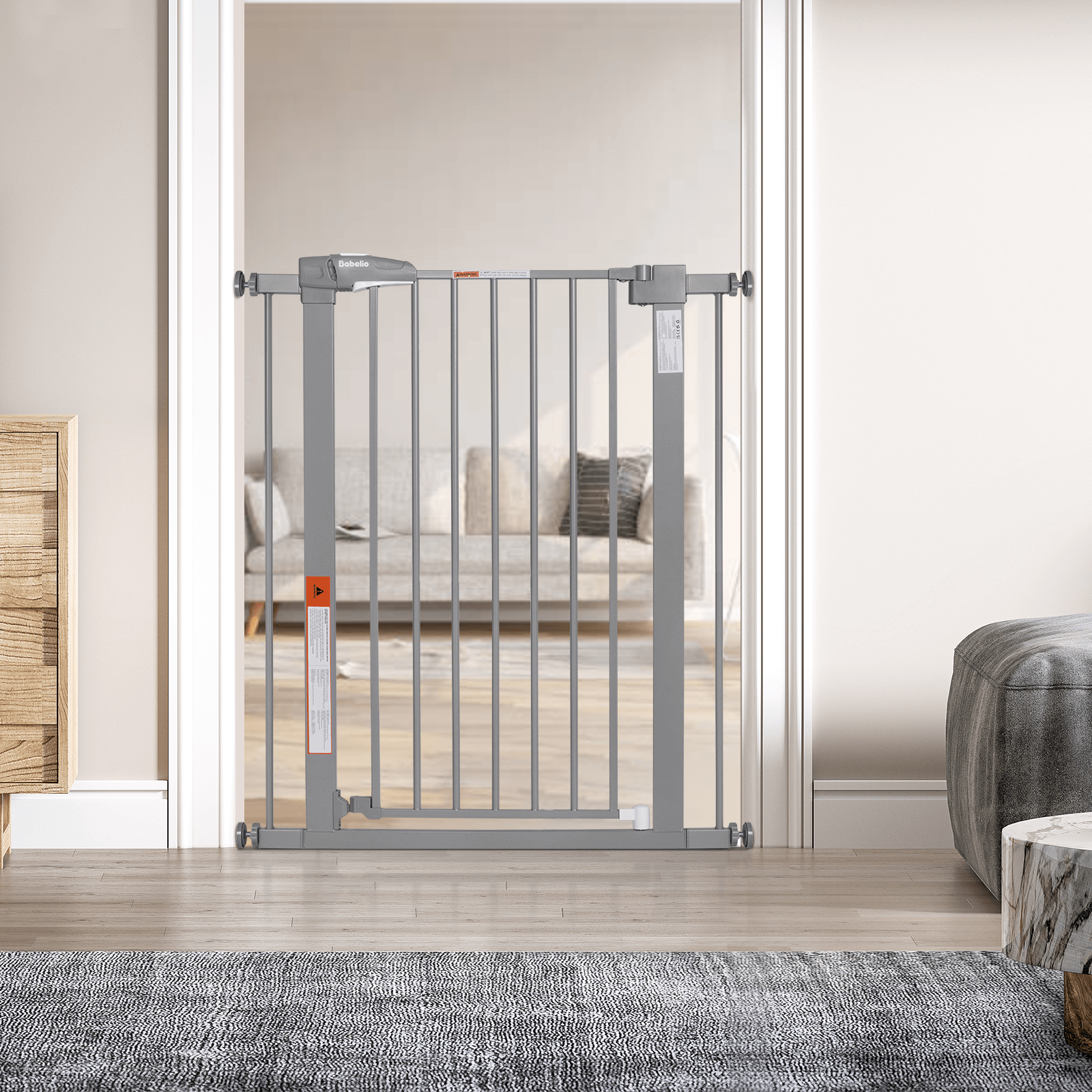 Babelio 36" High Adjustable Metal Gate for Babies & Pets – Easy Install, 26-40" Wide, Auto-Close, Gray