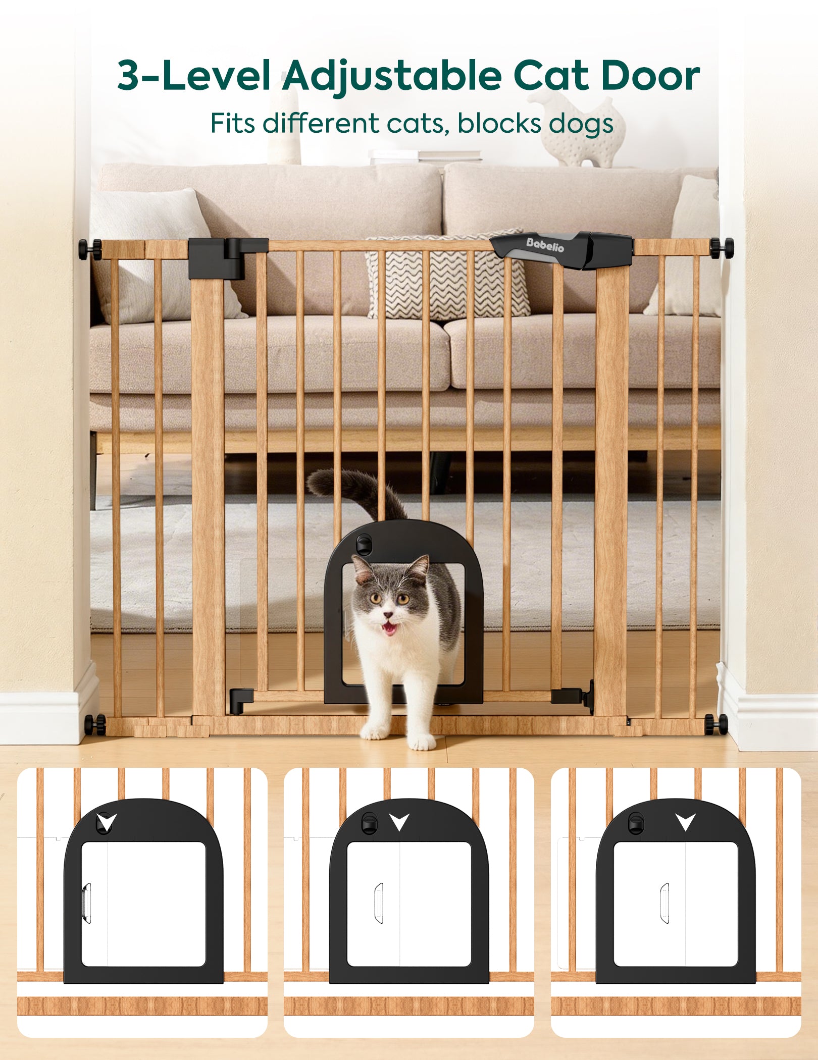 3-level adjustable cat door with a cat passing through it, set against a home interior background.#Color_Wood Pattern