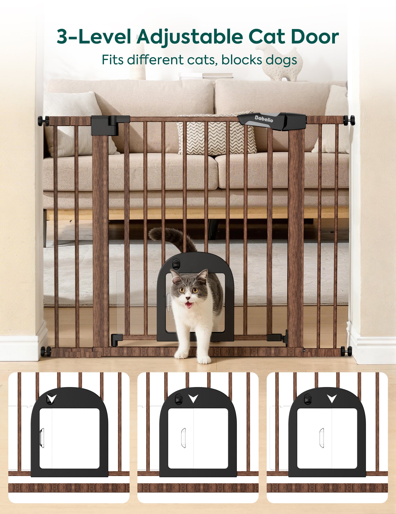 3-level adjustable cat door with a cat inside, set against a home interior background.#Color_Brown Wood Pattern