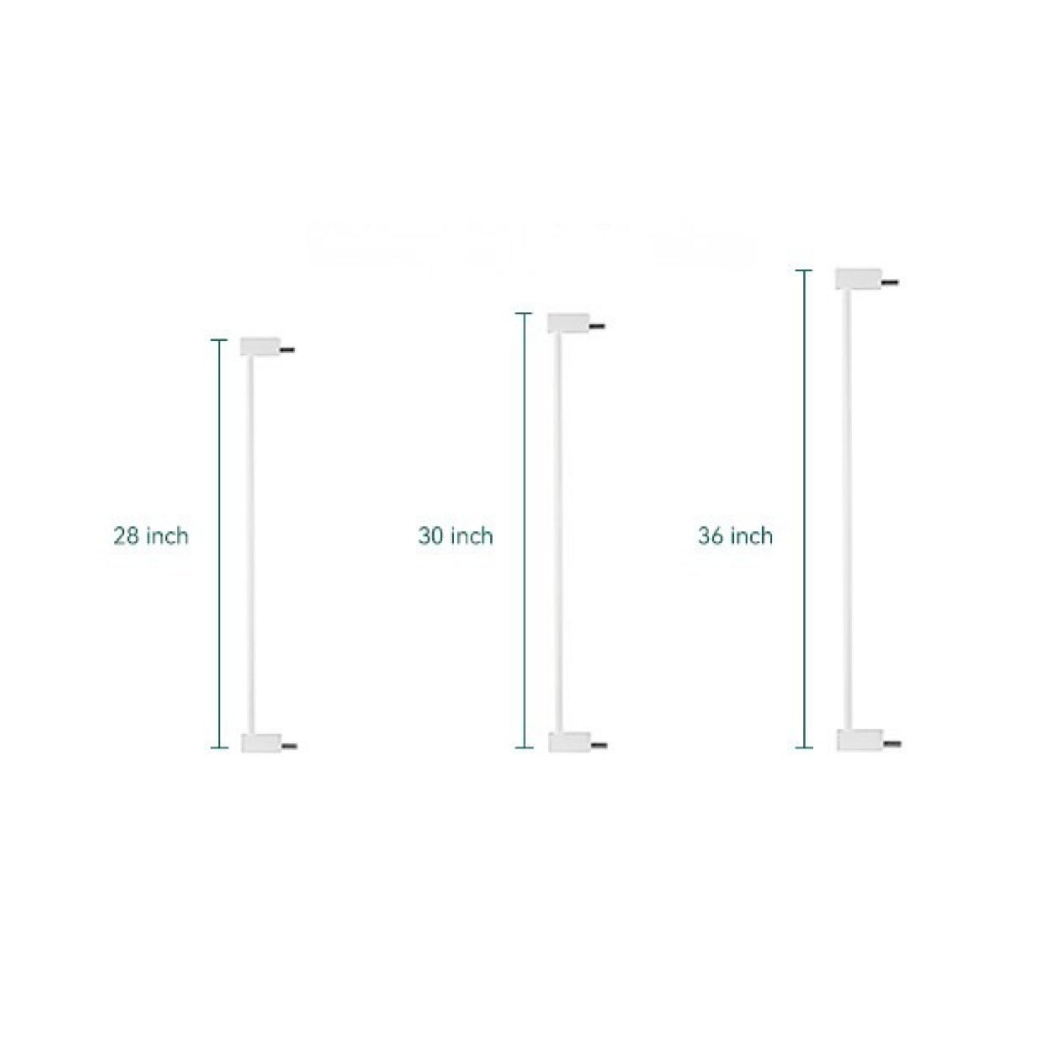 Babelio baby safety gate extensions in 28, 30, and 36 inch sizes, white finish.