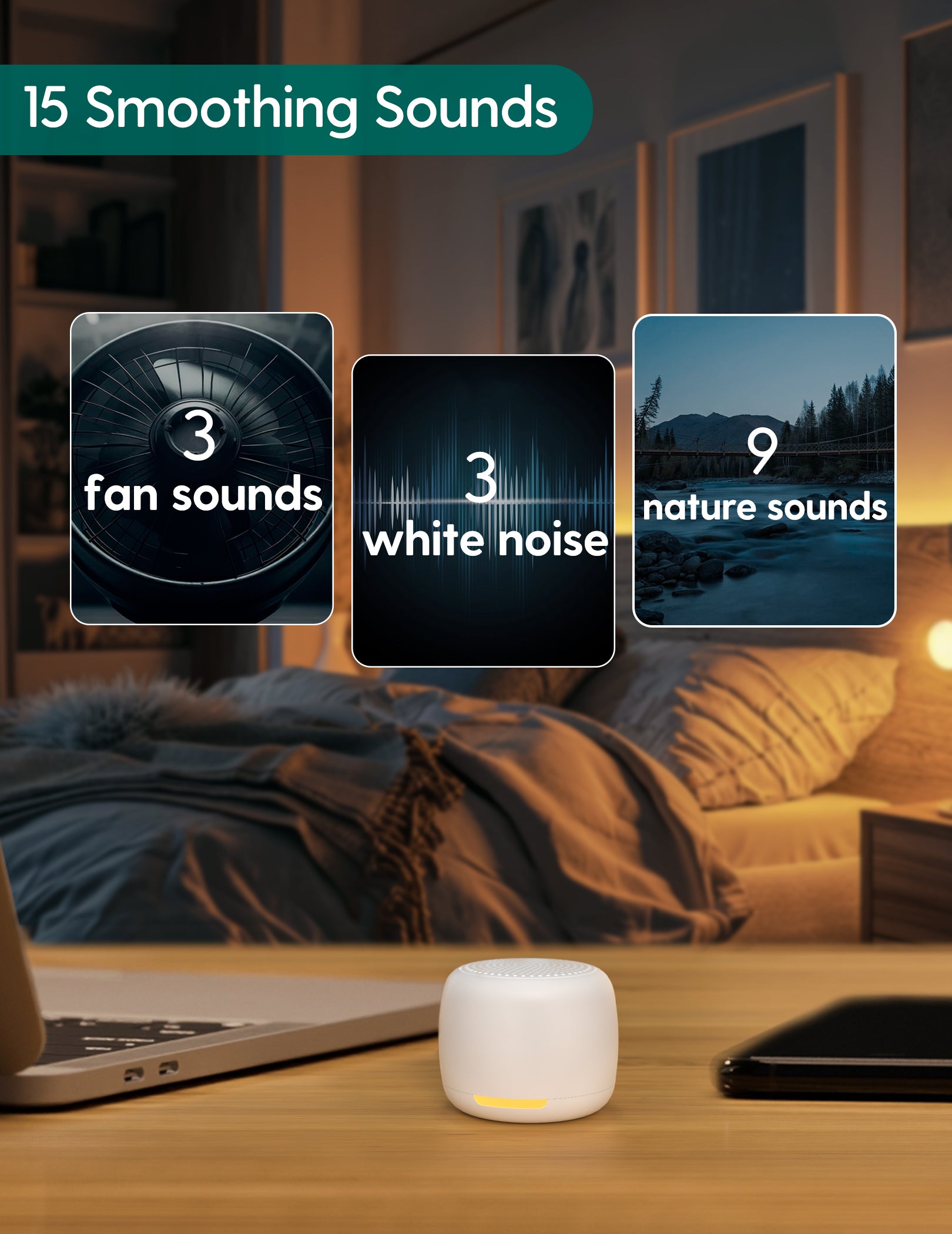 Babelio white noise machine with night light on bedside table, featuring 15 soothing sounds including 3 fan sounds, 3 white noise, and 9 nature sounds for sleep and relaxation