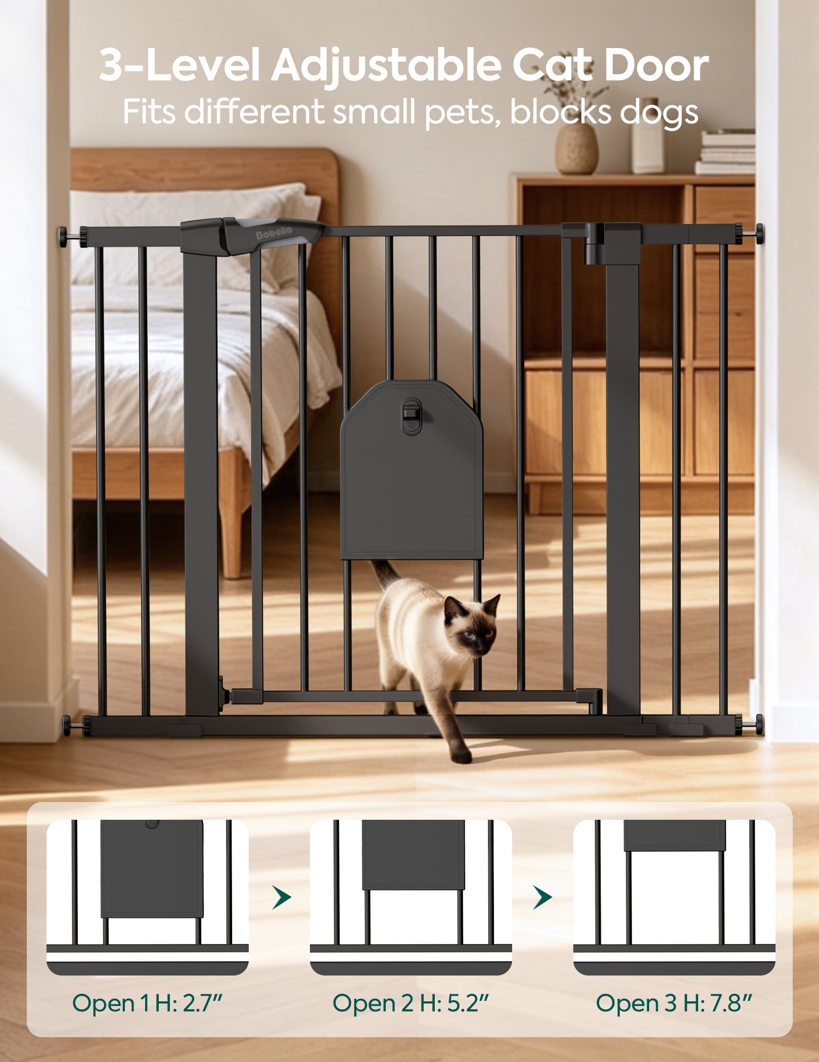 A black metal cat door gate installed across a doorway in a bedroom, with a cat walking through the center. Text at the top reads '3-Level Adjustable Cat Door' and 'Fits different small pets, blocks dogs.#Color_Black