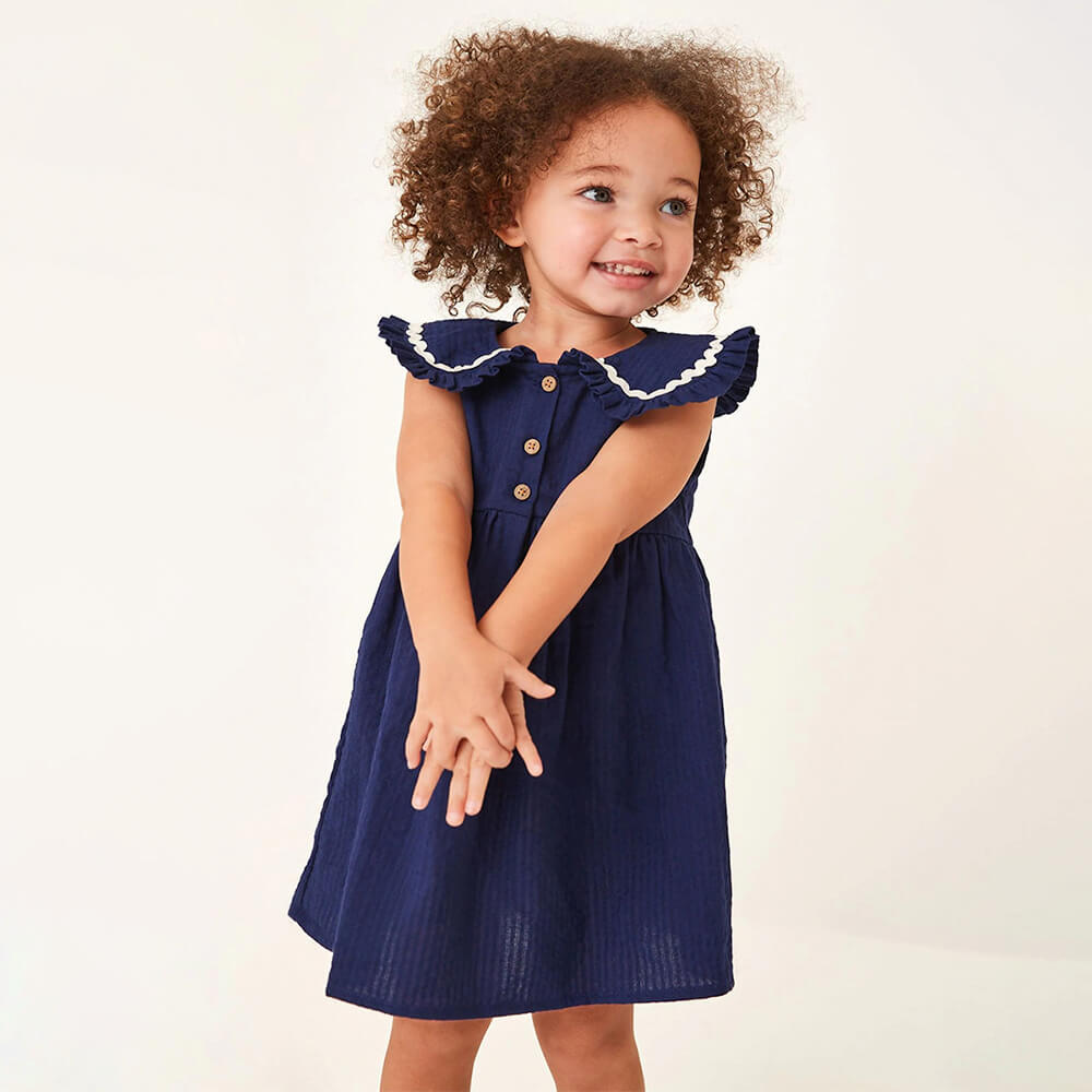 Navy Blue Cotton Princess Dress with Contrast Peter Pan Collar for Girls