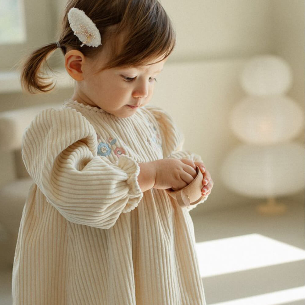 Spring Blossom Embroidered Cotton Corduroy Dress for Girls - Long Sleeve Princess Dress with Lace Trim