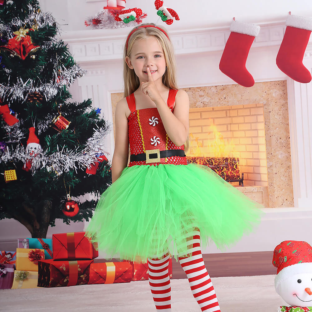 Enchanting Elf Tutu Dress for Kids - Festive Green and Red Tulle Skirt for Christmas