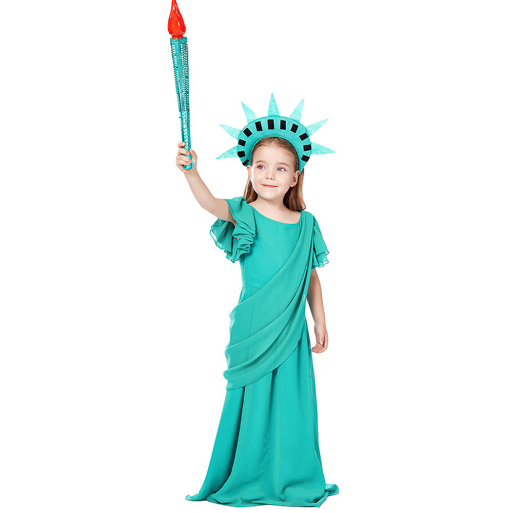 Tiny Cuddling Girls' Statue of Liberty Costume - Kids' Greek Goddess Gown with Torch and Crown - Halloween and Stage Performance Dress