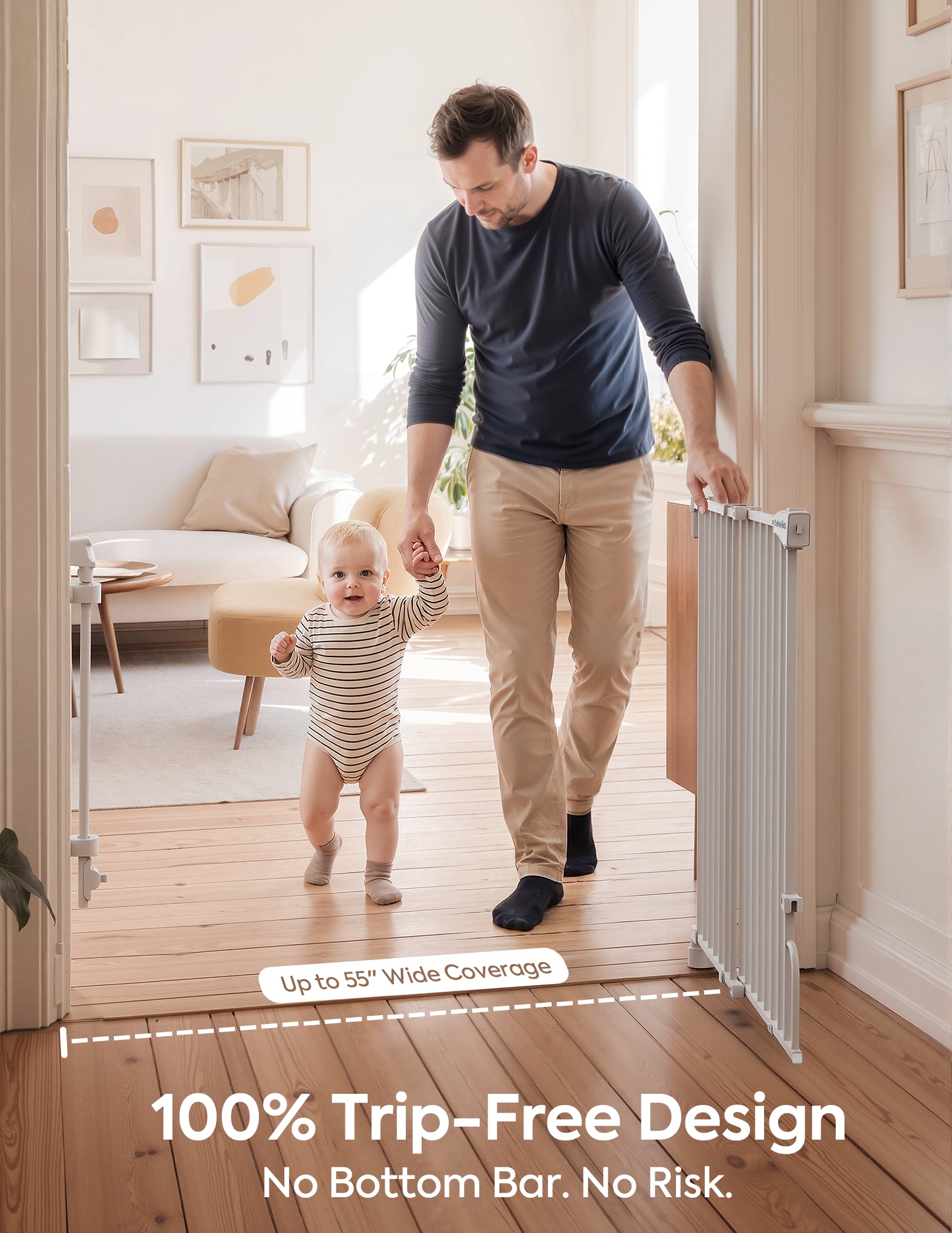 A man and a toddler walk through a white safety gate installed at a doorway in a bright, modern living room. White text at the bottom reads '100% Trip-Free Design.#Color_White
