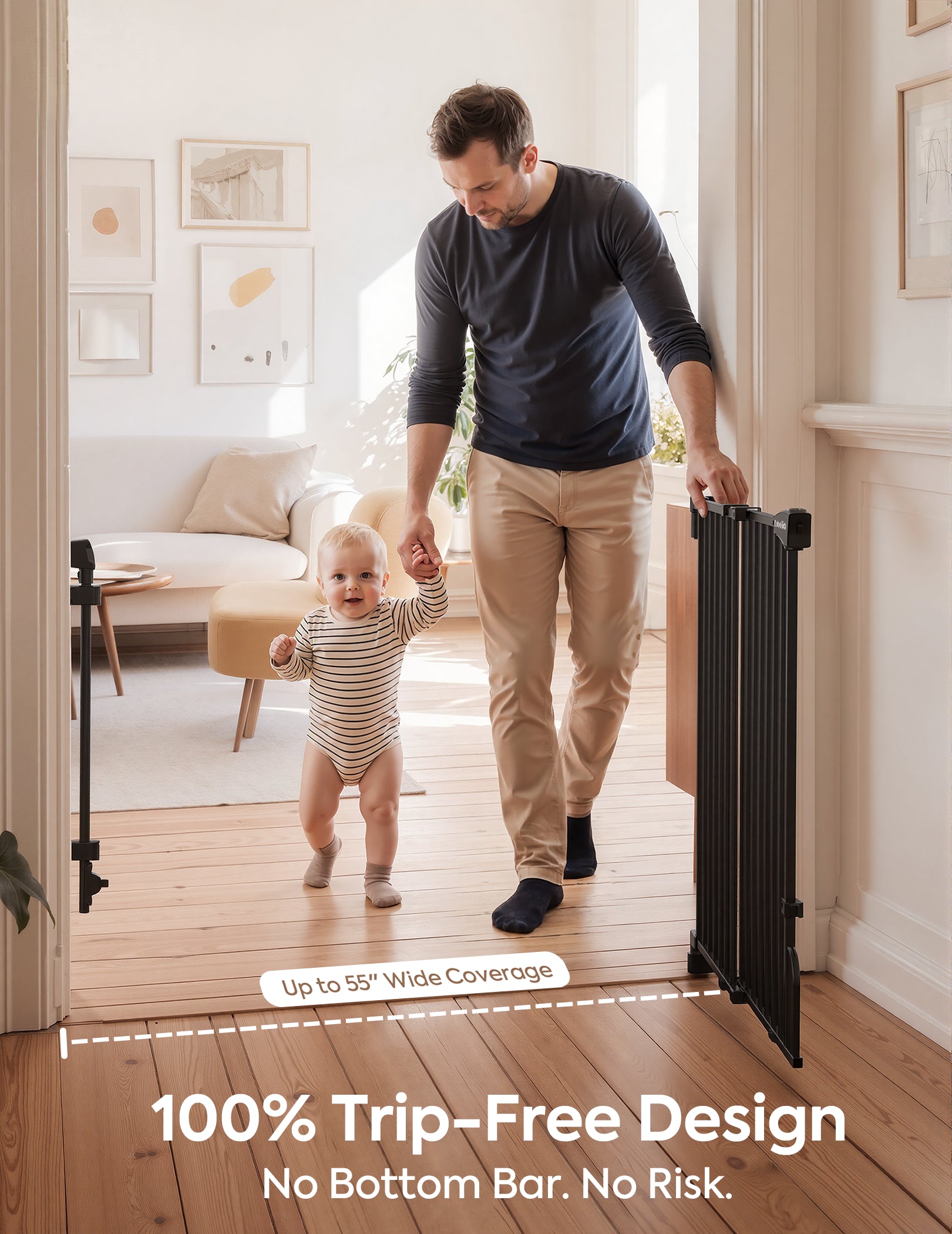 Man and child walking through a doorway with a safety gate, emphasizing '100% Trip-Free Design' feature.#Color_Black