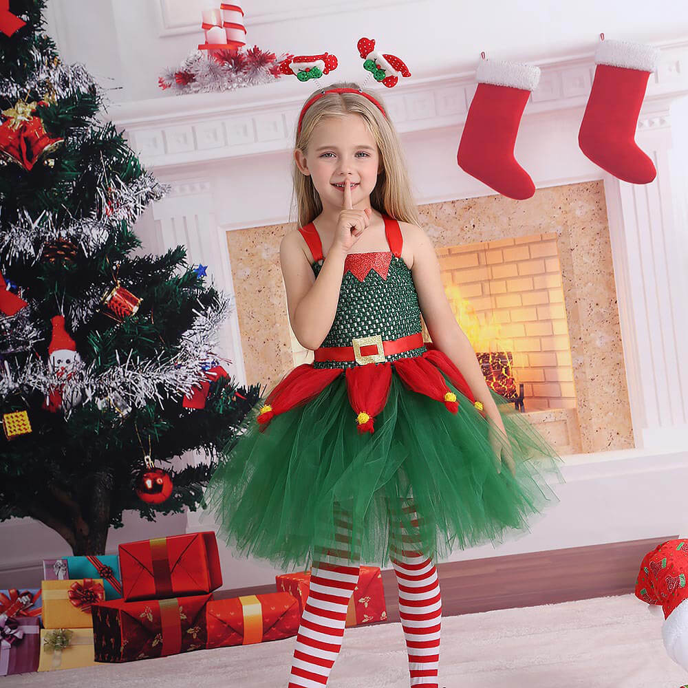 Jolly Elf Christmas Party Dress for Kids – Festive Red and Green Cosplay Tutu Outfit for Stage Performances & Holiday Fun