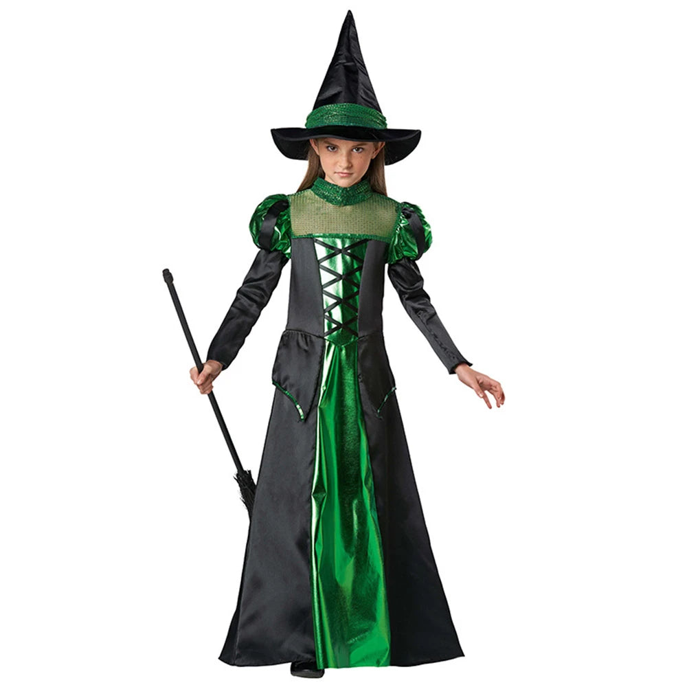 Tiny Cuddling Green and Black Witch Long Dress for Girls | 2024 Halloween Costume