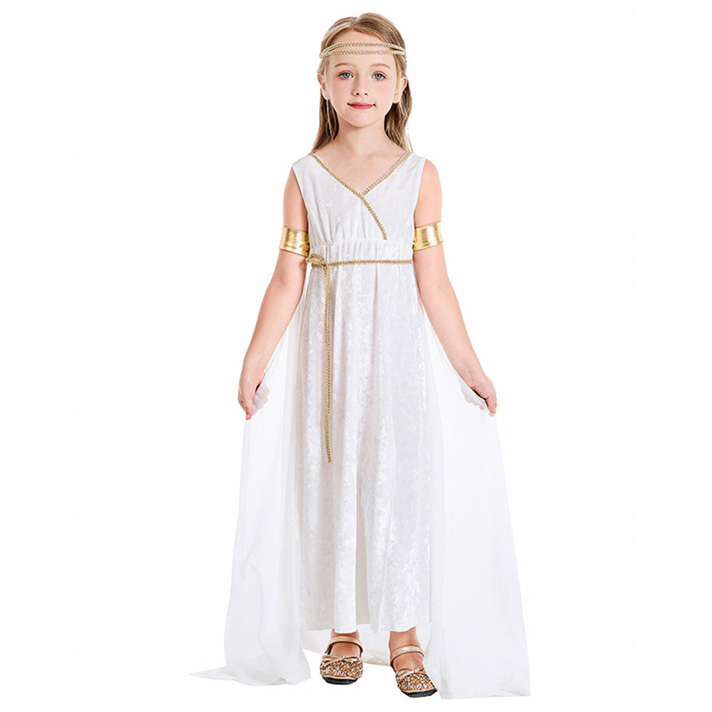 Tiny Cuddling Greek Mythology Inspired Girls' White Gown with Golden Cape – Perfect for Halloween and Costume Parties