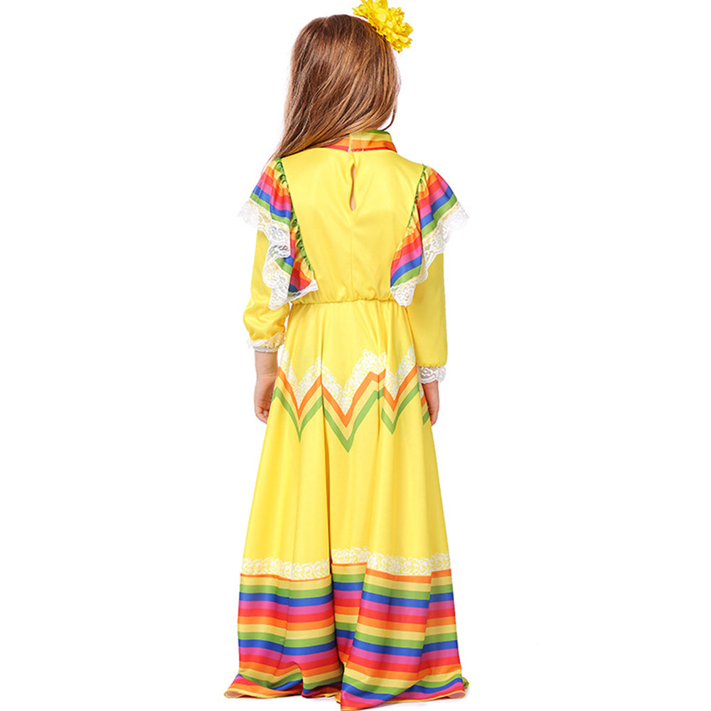 Tiny Cuddling Mexican Folk Dance Dress for Girls - Halloween Costume, School Performance Outfit, Traditional Long Skirt