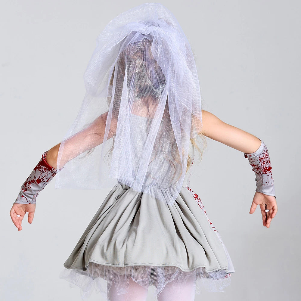 Tiny Cuddling Gray Bloodstained Ghost Bride Costume for Girls | 2024 Halloween Costume