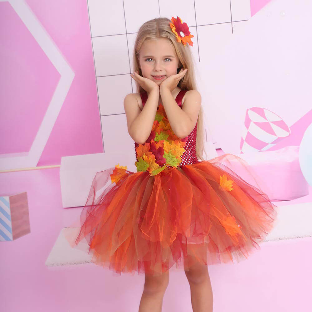 Autumn Maple Leaf Tulle Princess Dress for Girls - Thanksgiving Performance Costume