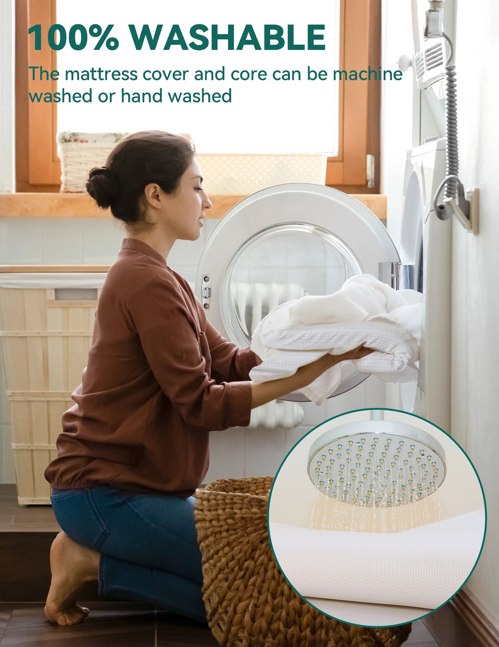 Babelio crib mattress being machine washed in laundry room, 100% washable design