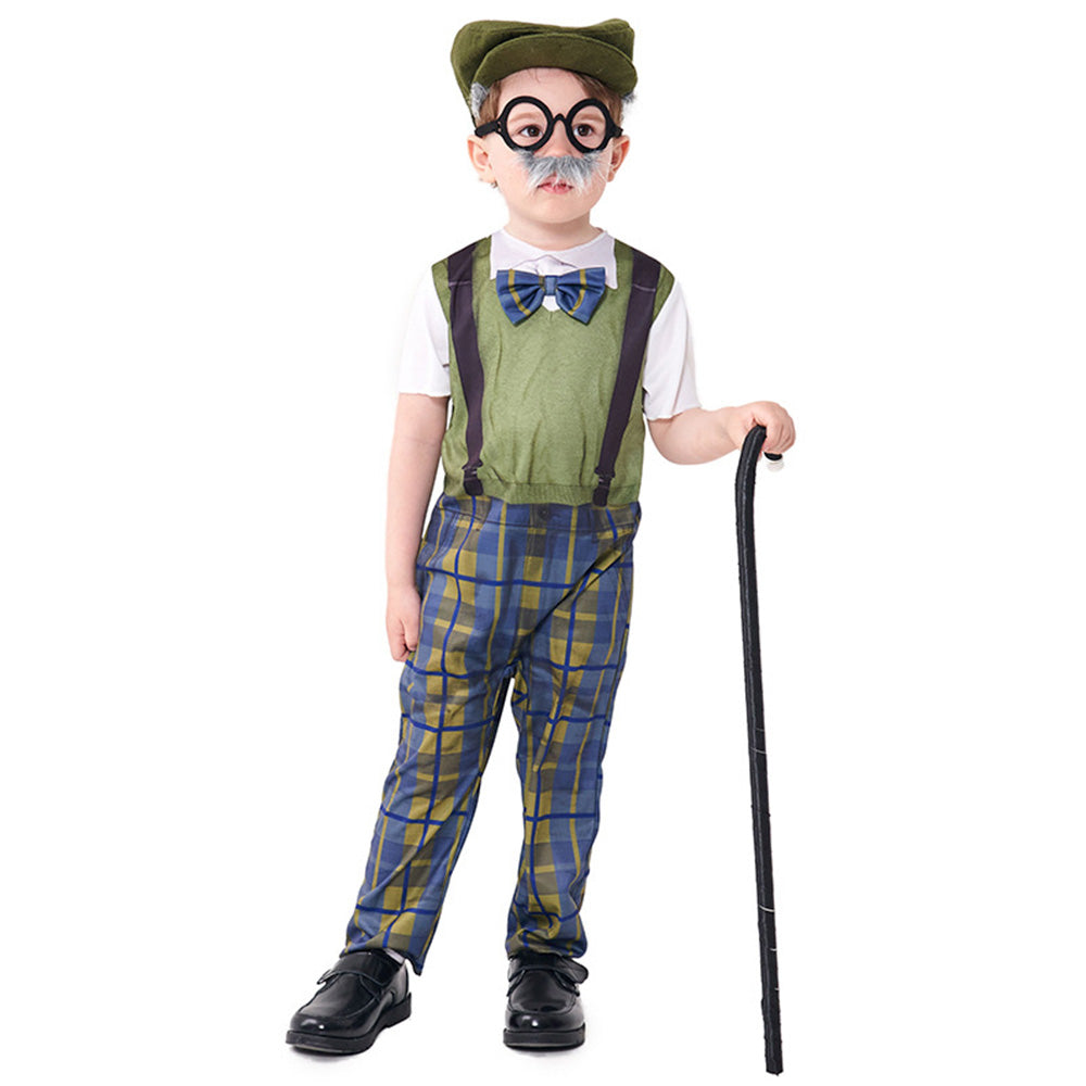 Tiny Cuddling Children's Grandpa Costume - Halloween Cosplay Old Man Outfit with Hat and Glasses, Plaid Pants, and Suspenders