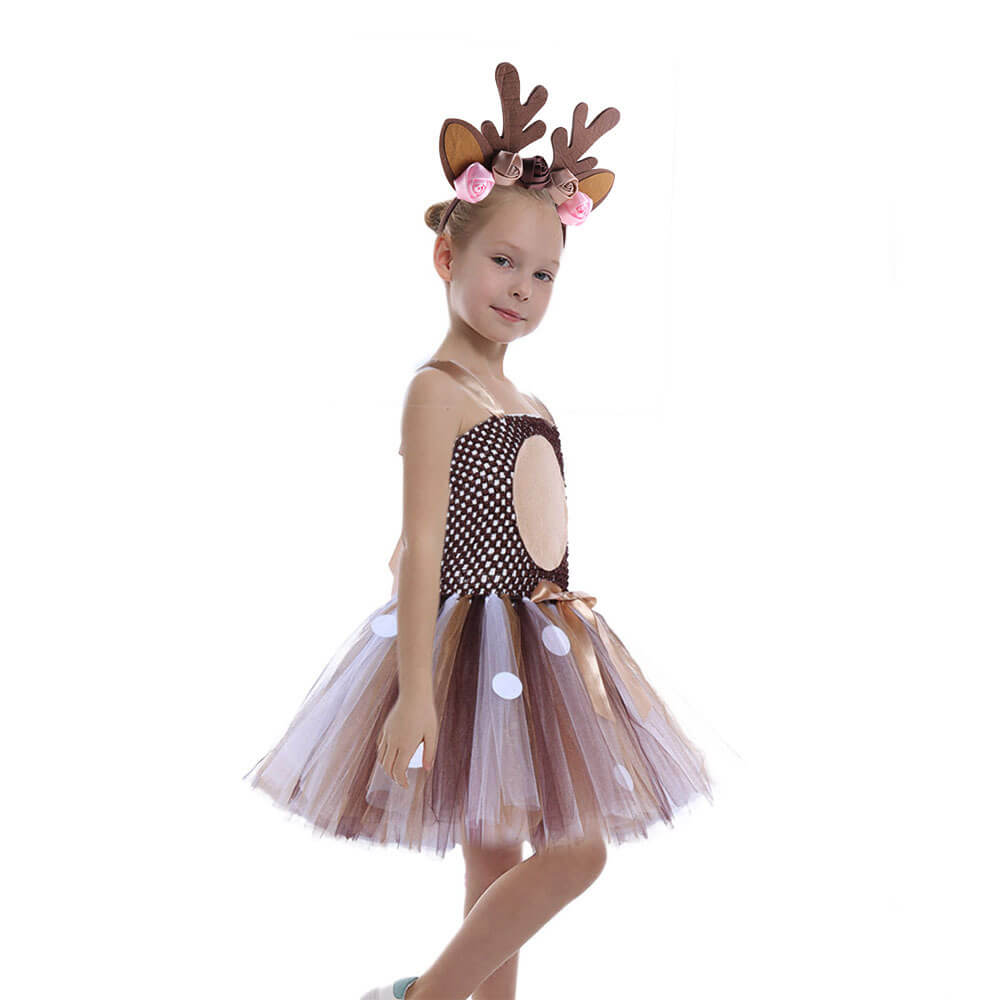 Handcrafted Tulle Christmas Reindeer Dress for Girls with Complementary Antler Headband