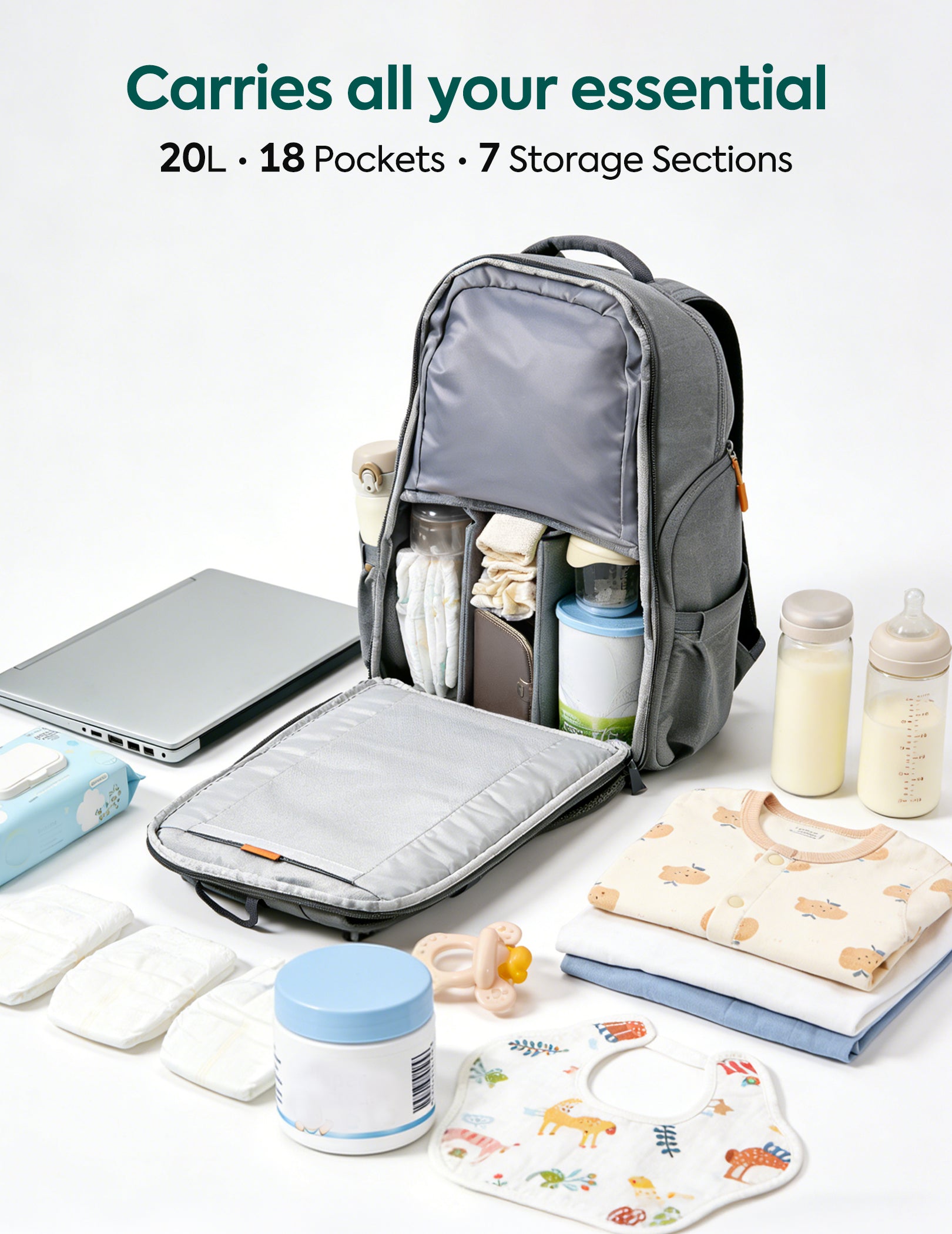 A gray diaper backpack shown open and packed with baby essentials, including bottles, diapers, wipes, a laptop, a pacifier, and folded clothes, on a clean white background with text reading 'Carries all your essential 20L • 18 Pockets • 7 Storage Sections'.#Color_Grey