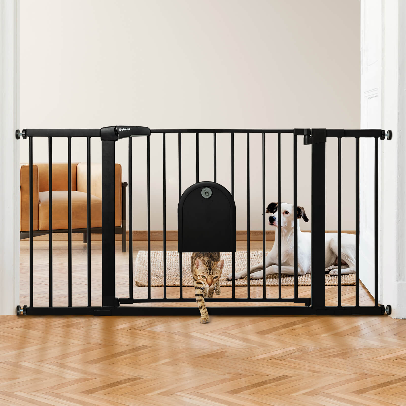 Babelio Flex-Fit 29-43" Adjustable Baby Gate with Lockable Pet Door – Auto-Close, Easy Walk-Thru