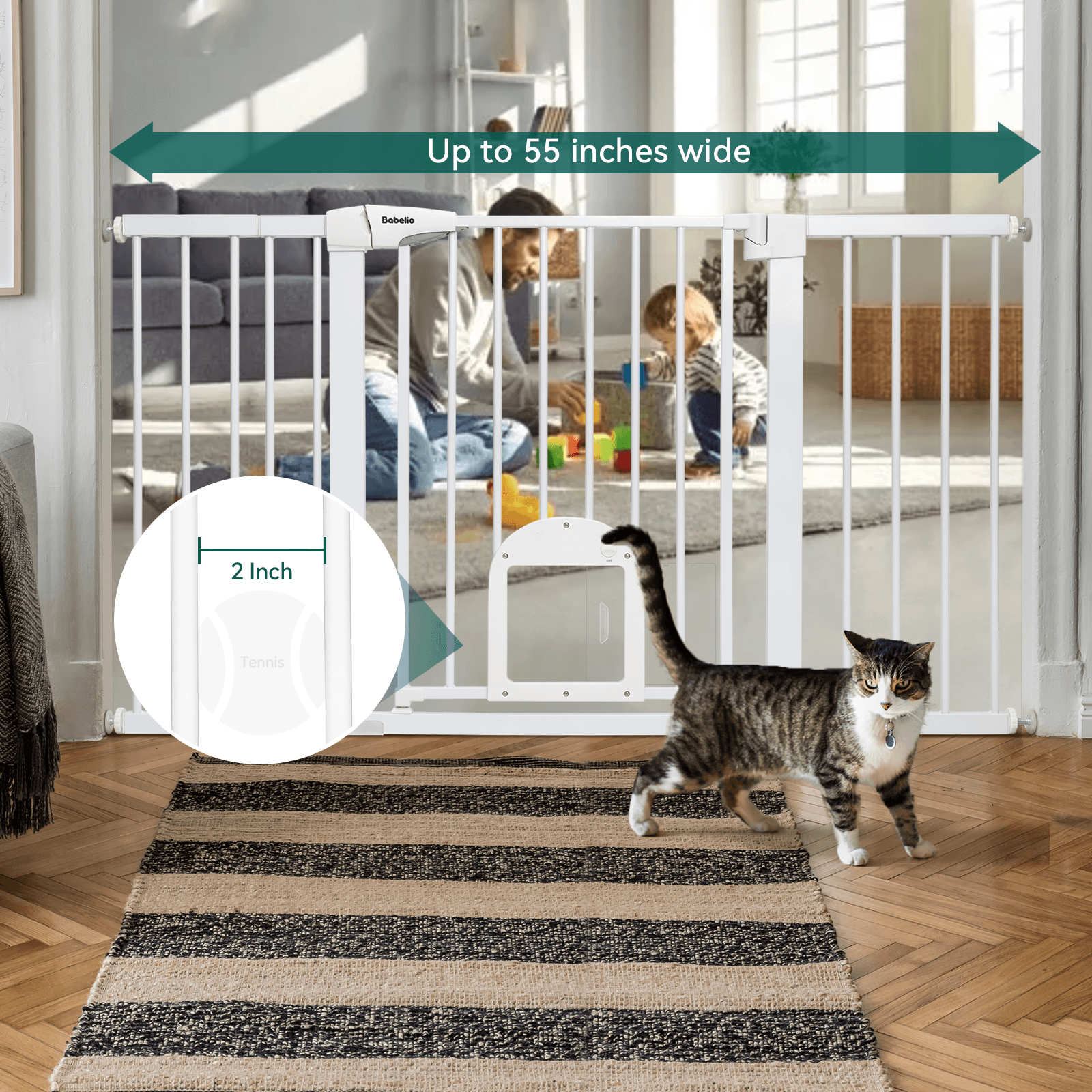 Babelio 31.5-55" Baby and Pet Gate with Cat Door, Auto-Close, Pressure-Mounted for Stairs and Doorways