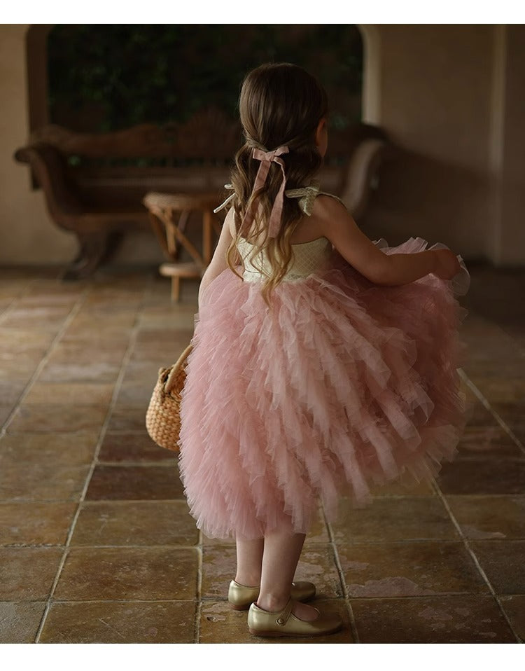 Pink Puffy Gauze Princess Dress — Sleeveless, Layered Tulle, All-Season