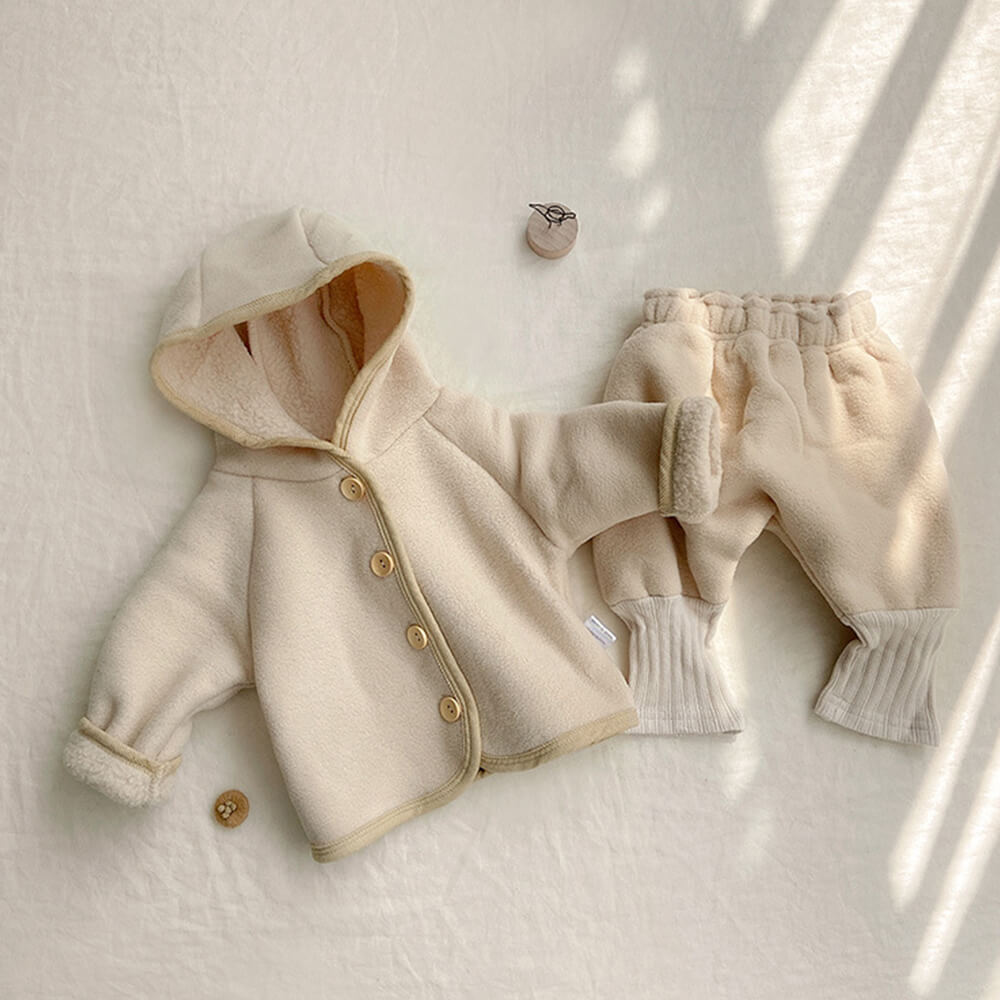 Tiny Cuddling 2023 Autumn Korean-Style Baby Outfit - Cozy Sherpa-Lined Hooded Jacket and Harem Pants Set