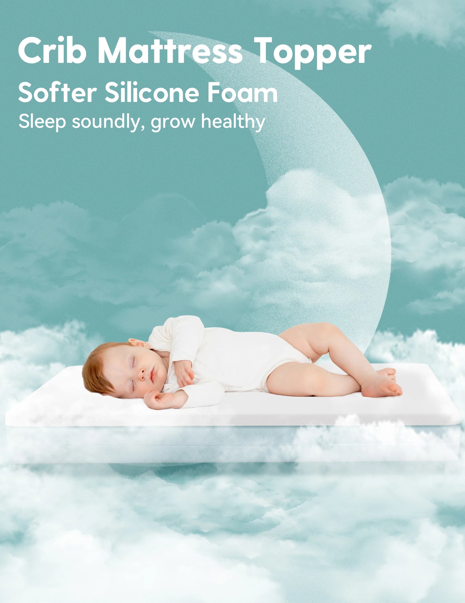 Babelio crib mattress topper with baby sleeping on soft foam, dreamy nursery cloud scene