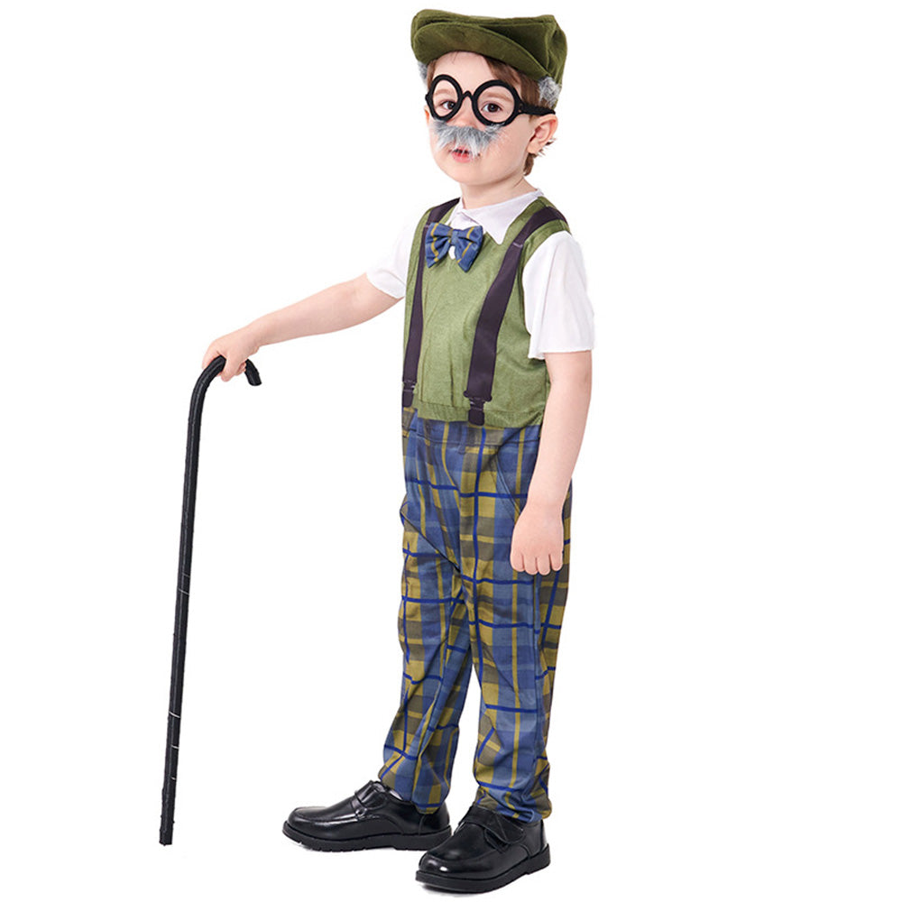 Tiny Cuddling Children's Grandpa Costume - Halloween Cosplay Old Man Outfit with Hat and Glasses, Plaid Pants, and Suspenders