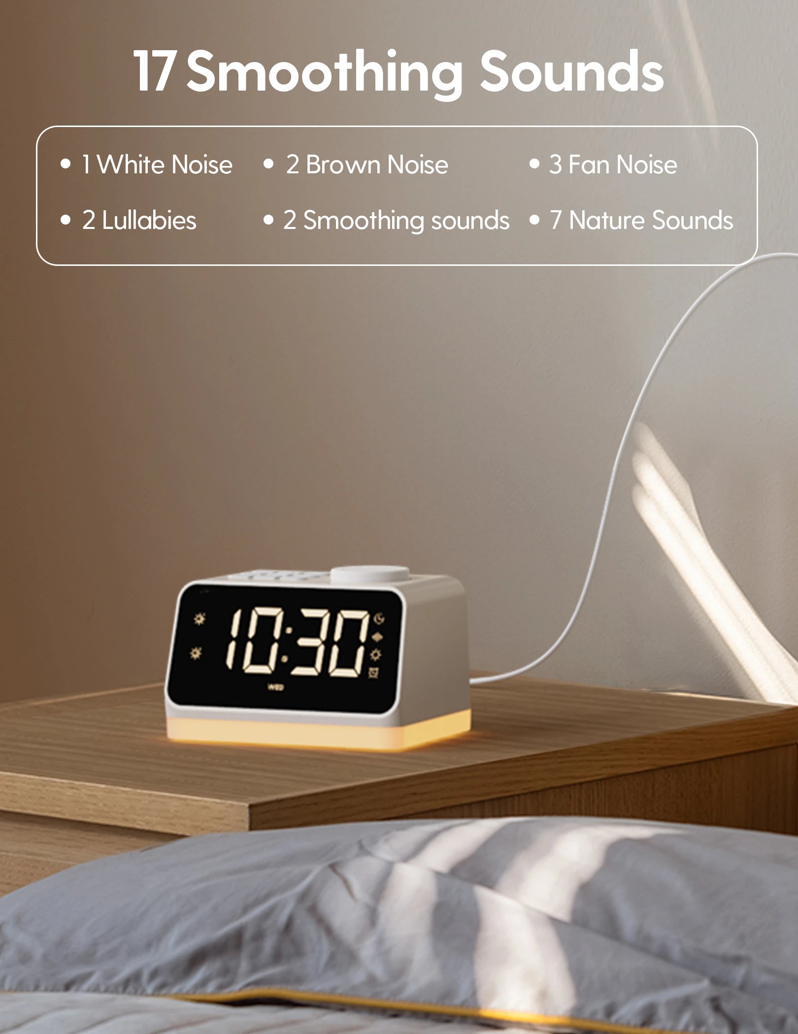 BABELIO White Noise Sound Machine & Alarm Clock | Sleep Timer, 17 Smoothing Sounds, 4-in-1 Gentle Wake up