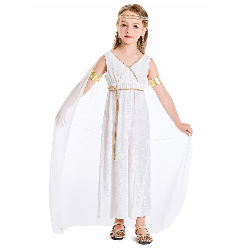 Tiny Cuddling Greek Mythology Inspired Girls' White Gown with Golden Cape 鈥?Perfect for Halloween and Costume Parties