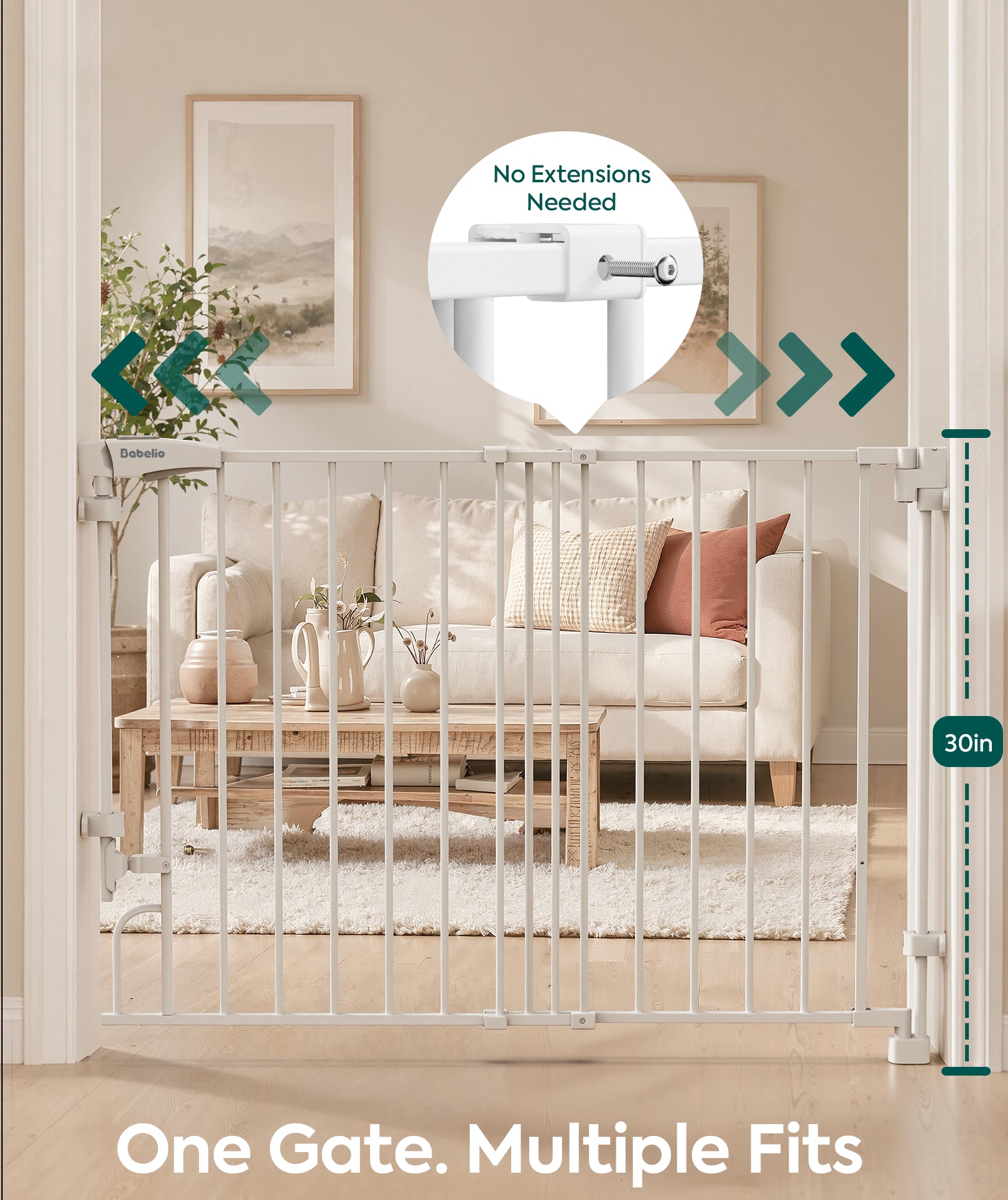 White metal safety gate installed across a doorway in a living room setting, with a sofa and coffee table visible behind it. The image includes an inset callout showing the gate hardware and text reading 'No Extensions Needed,' plus a '30in' size marker and the phrase 'One Gate.#Color_White