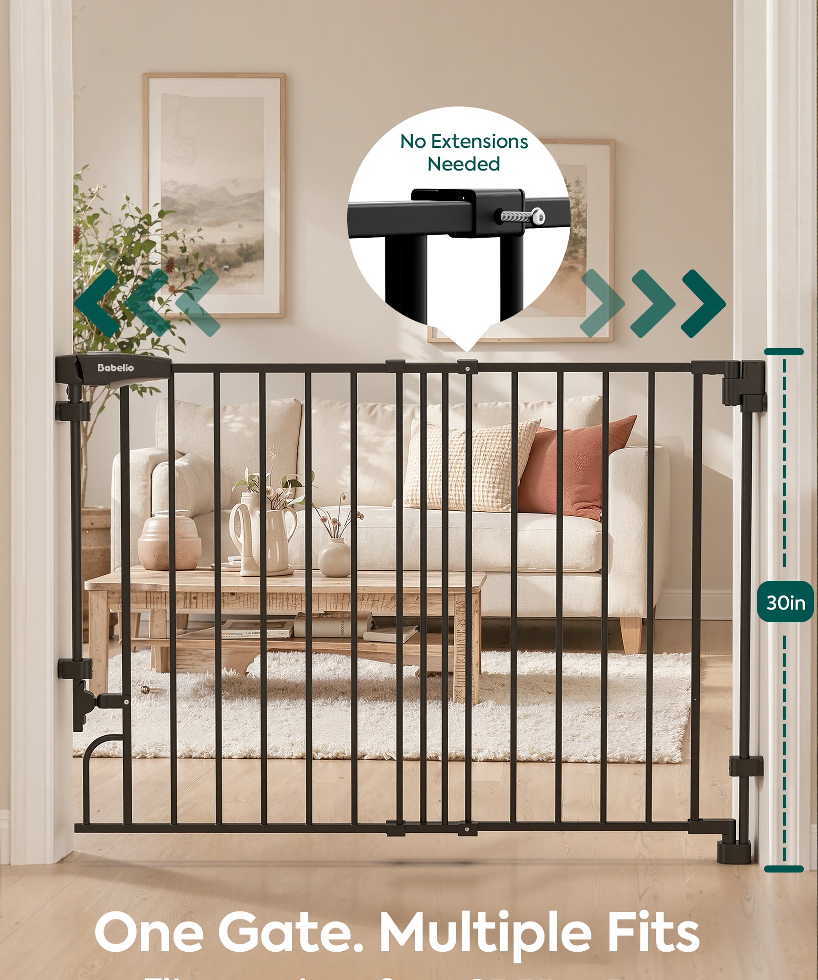 A black metal pet gate installed in a living room doorway, with a sofa and coffee table visible behind it. The image includes a circular inset showing the gate latch detail, teal arrow graphics, a 30-inch height marker, and text reading 'One Gate.#Color_Black