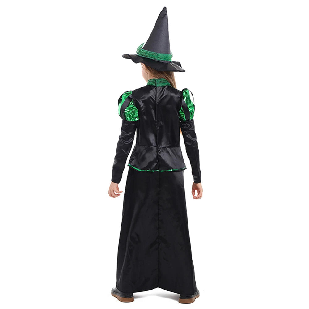 Tiny Cuddling Green and Black Witch Long Dress for Girls | 2024 Halloween Costume