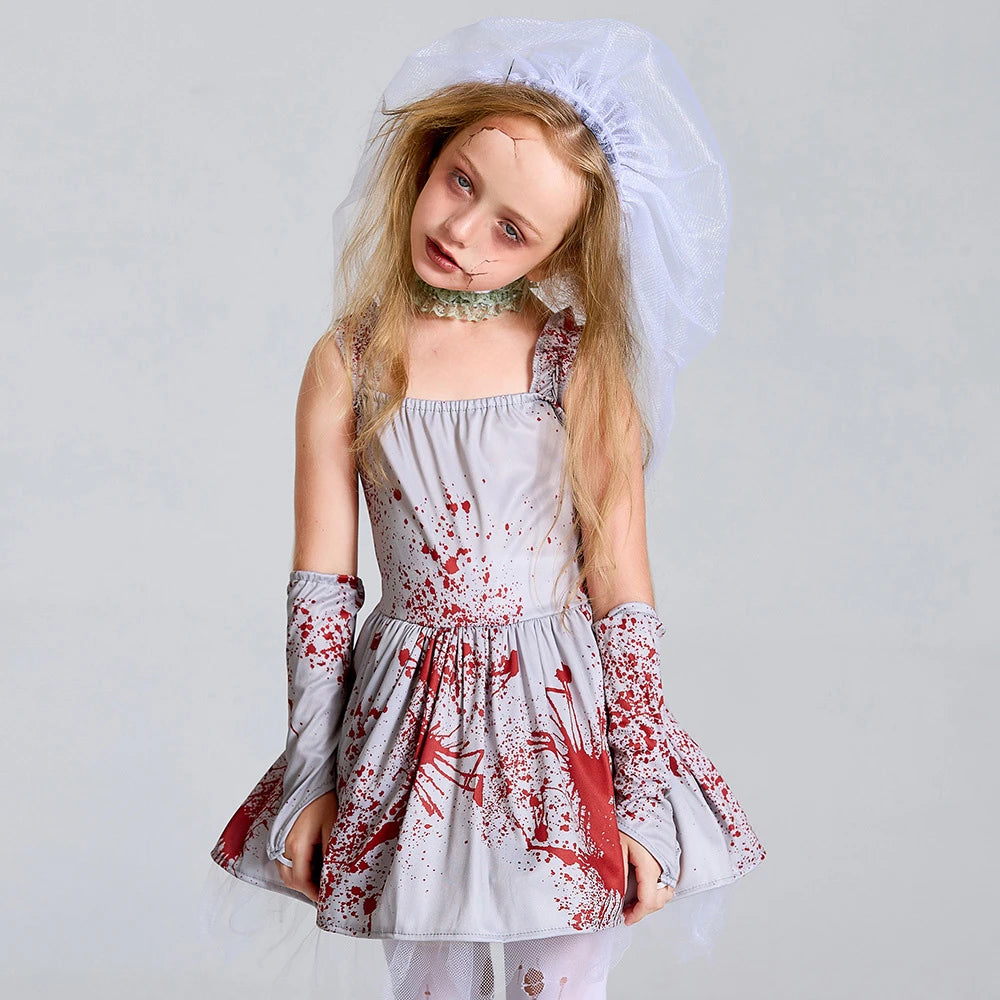 Tiny Cuddling Gray Bloodstained Ghost Bride Costume for Girls | 2024 Halloween Costume