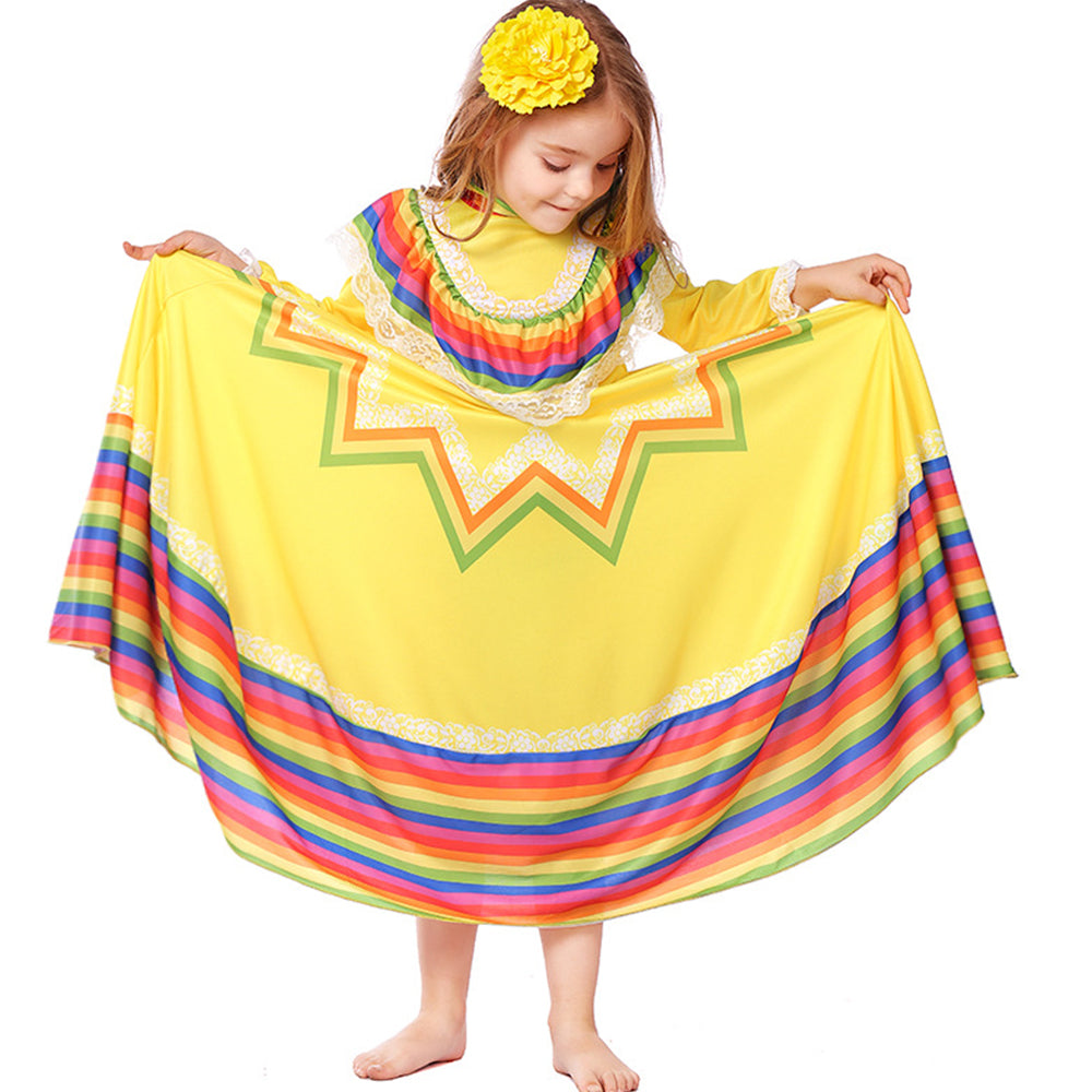 Tiny Cuddling Mexican Folk Dance Dress for Girls - Halloween Costume, School Performance Outfit, Traditional Long Skirt