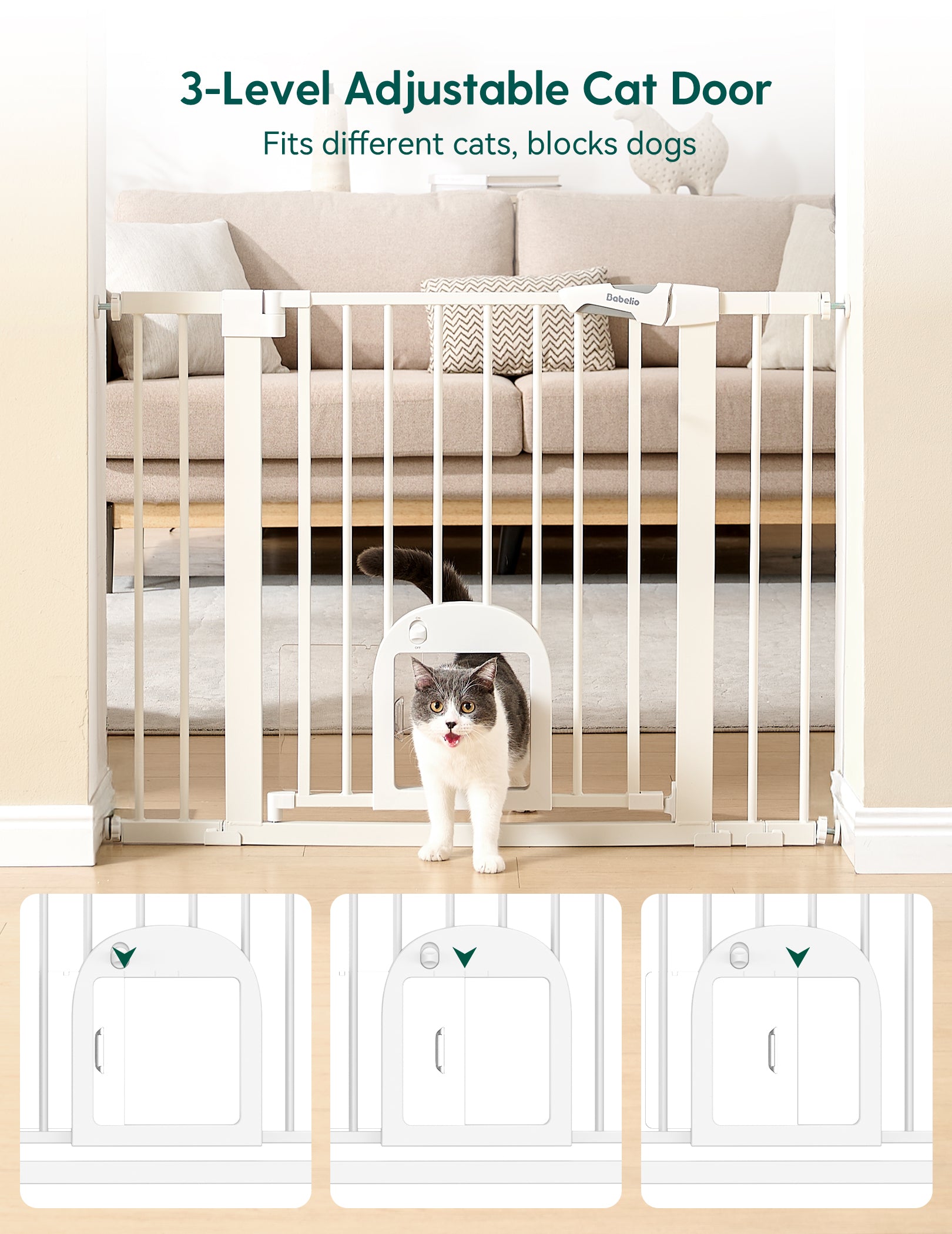 3-level adjustable cat door with a cat passing through it in a living room setting.#Color_White