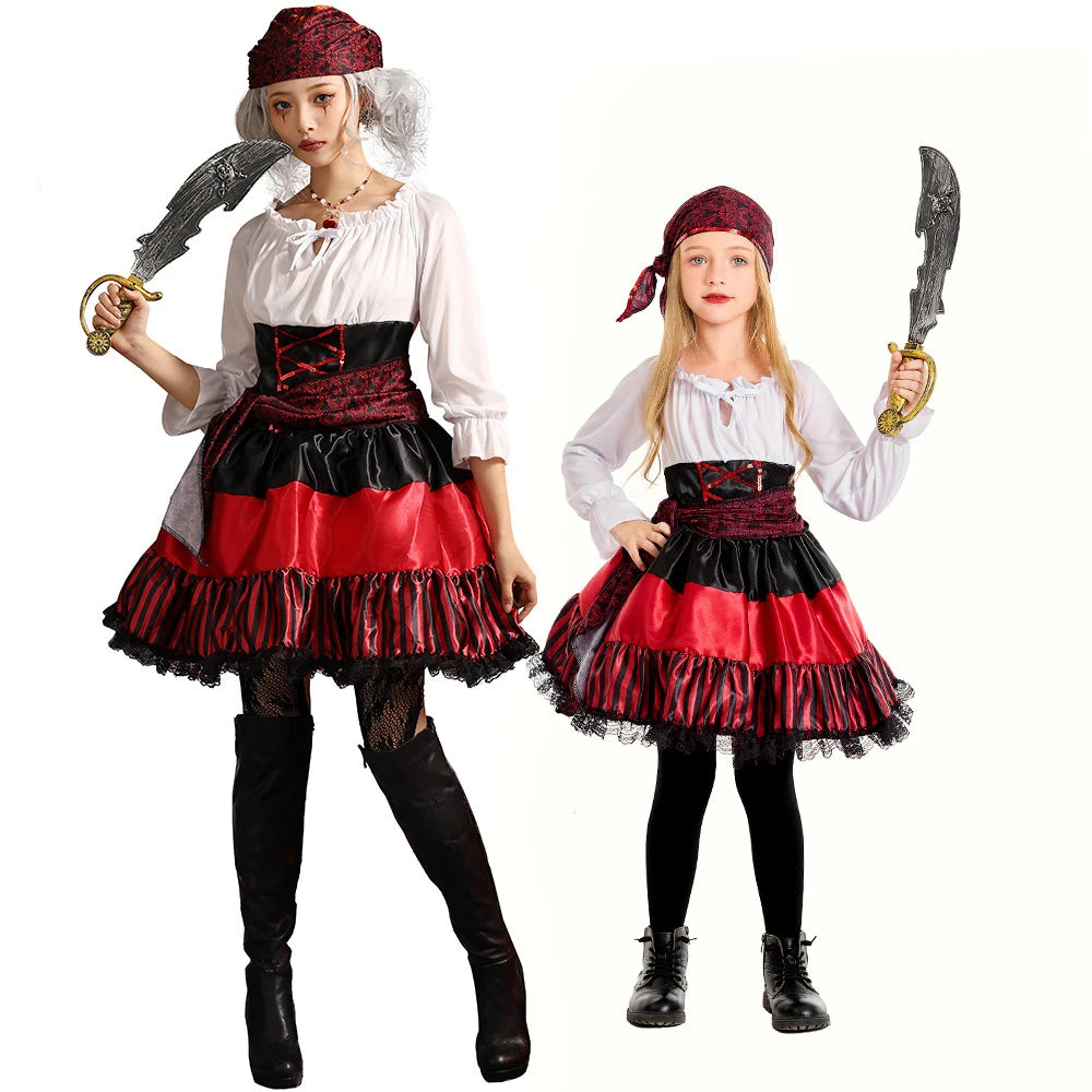 Tiny Cuddling Red Striped Lace Pirate Family Matching Costume | 2024 Halloween Costume