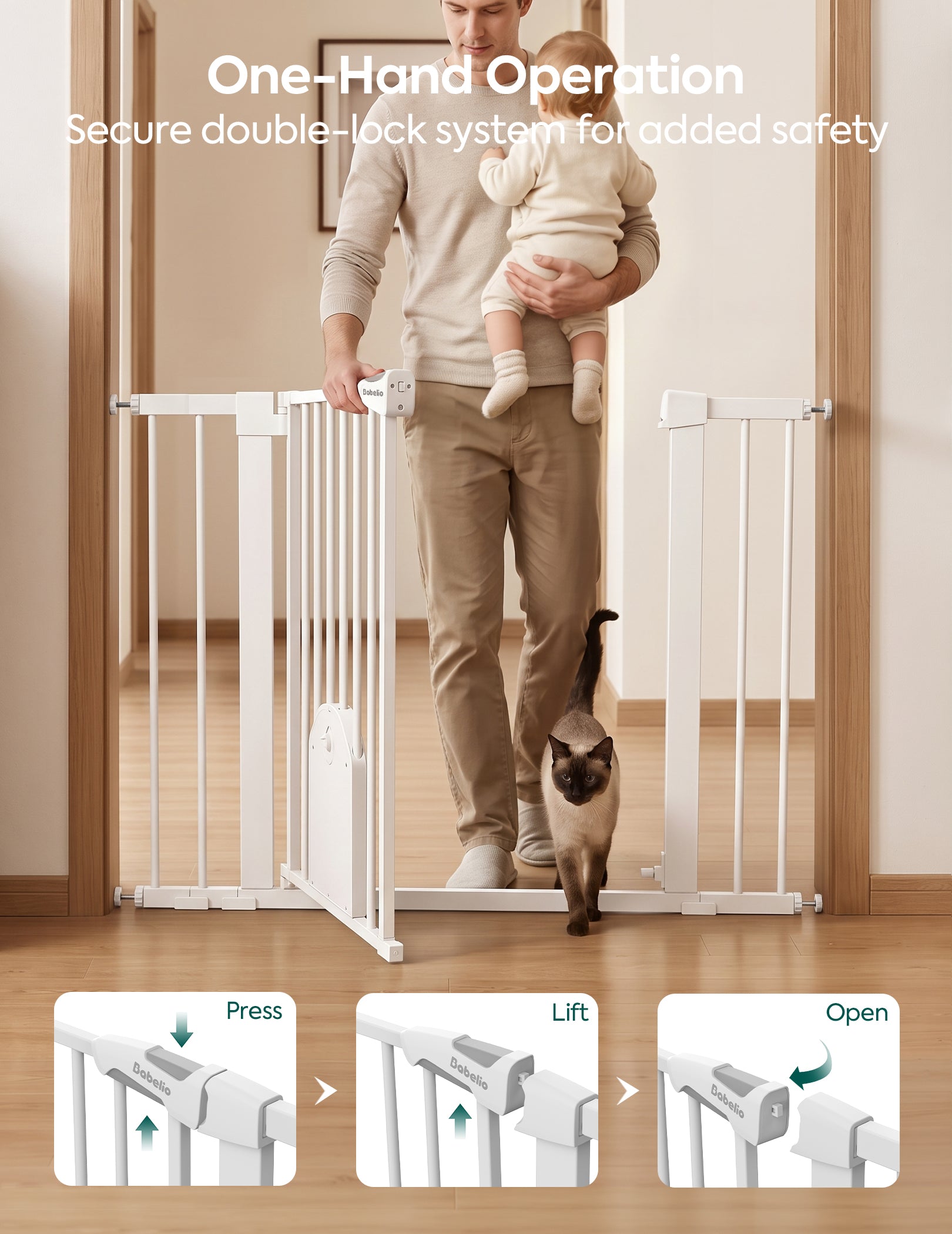 A white one-hand operation safety gate installed in a doorway, with a man holding a baby and a cat walking behind it. The top text reads 'One-Hand Operation Secure double-lock system for added safety,' and three small instructional panels at the bottom show how to press, lift, and open the gate.#Color_White