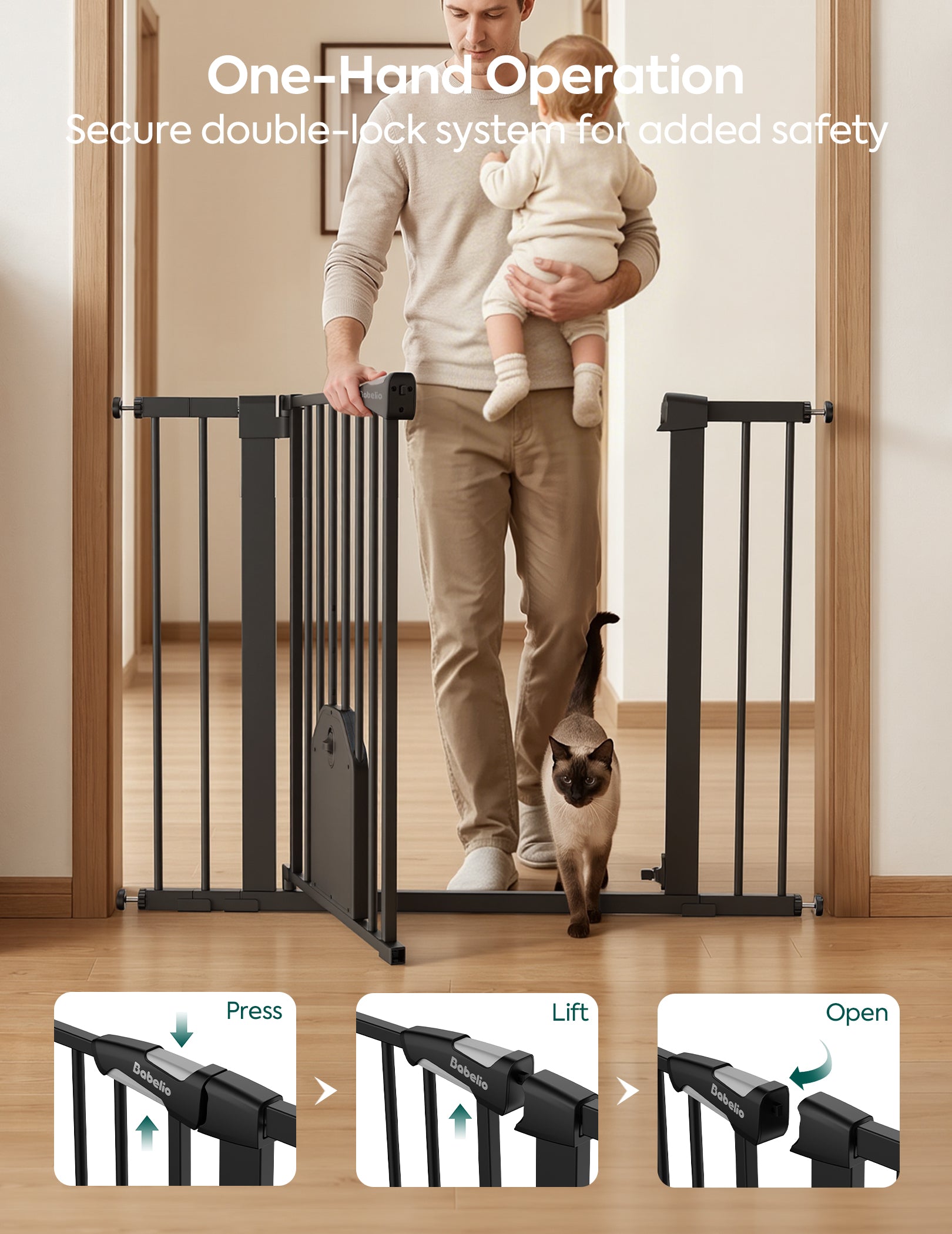 A black metal baby safety gate installed in a doorway, shown with a man holding a baby and a cat walking through. The image includes text reading 'One-Hand Operation Secure double-lock system for added safety' and three small inset diagrams at the bottom showing how to press, lift, and open the gate.#Color_Black