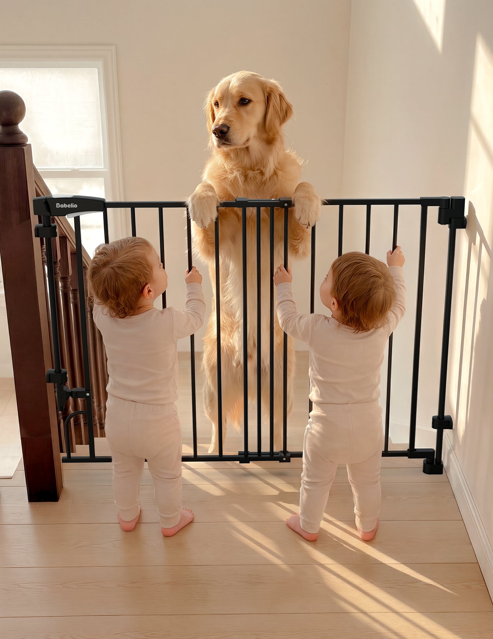 A black metal stair gate installed on an indoor staircase, with a golden retriever standing on the upper landing and two toddlers in white outfits reaching up to get behind the gate.#Color_Black