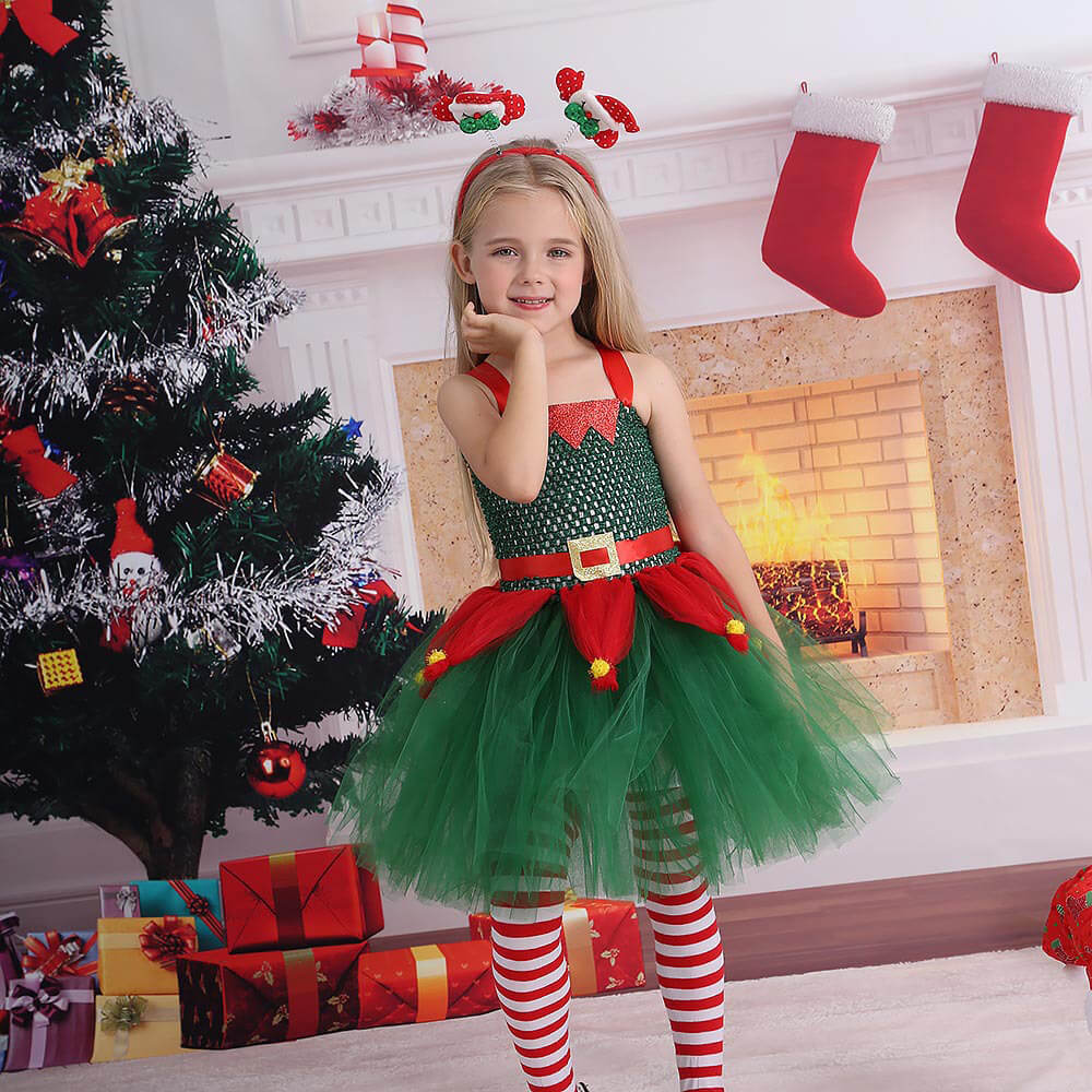 Tiny Cuddling Jolly Elf Christmas Party Dress for Kids Festive Red a