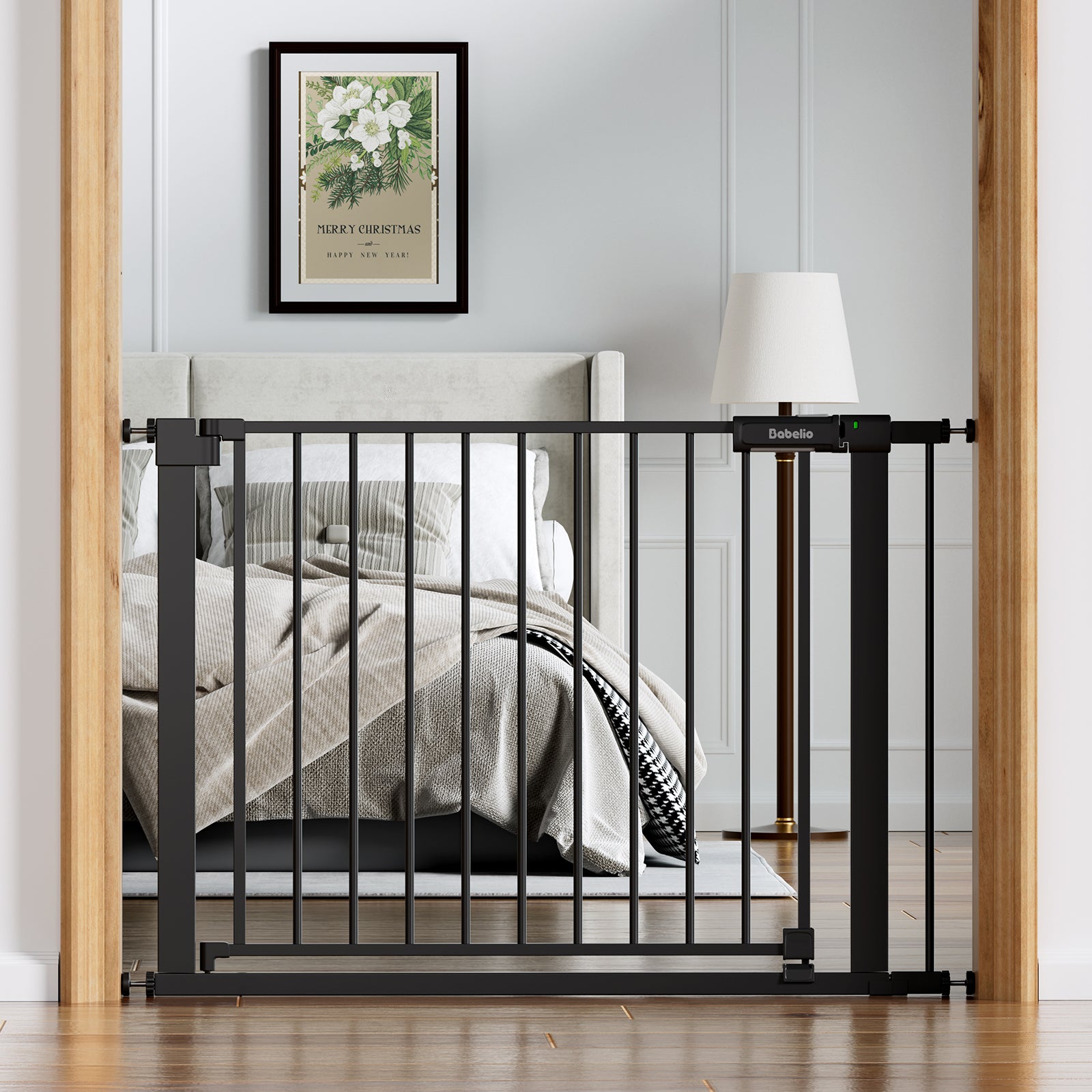 Black pet gate in a bedroom setting with a bed and lamp in the background.#Color_Black