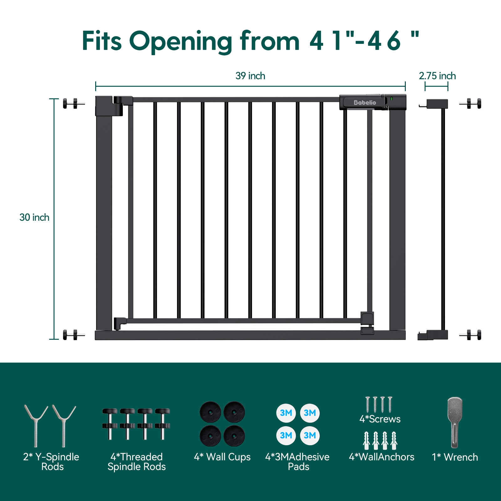 Measurement chart for a black metal gate with dimensions and included accessories listed.#Color_Black