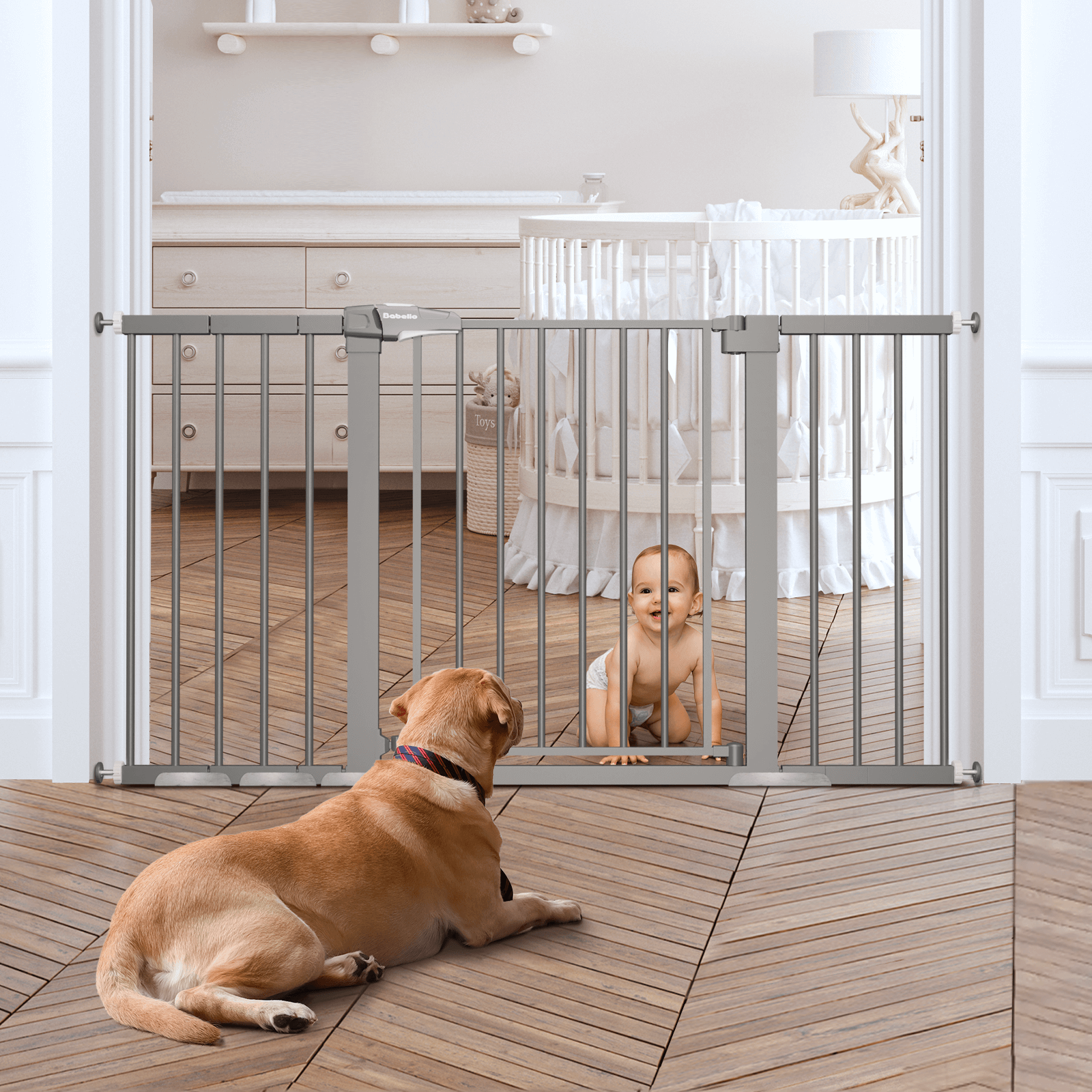 BABELIO 29-55 Inch Extra Wide Baby Gate, Metal Dog Gate, Pressure Mounted Pet Gate for Stairs & Doorways