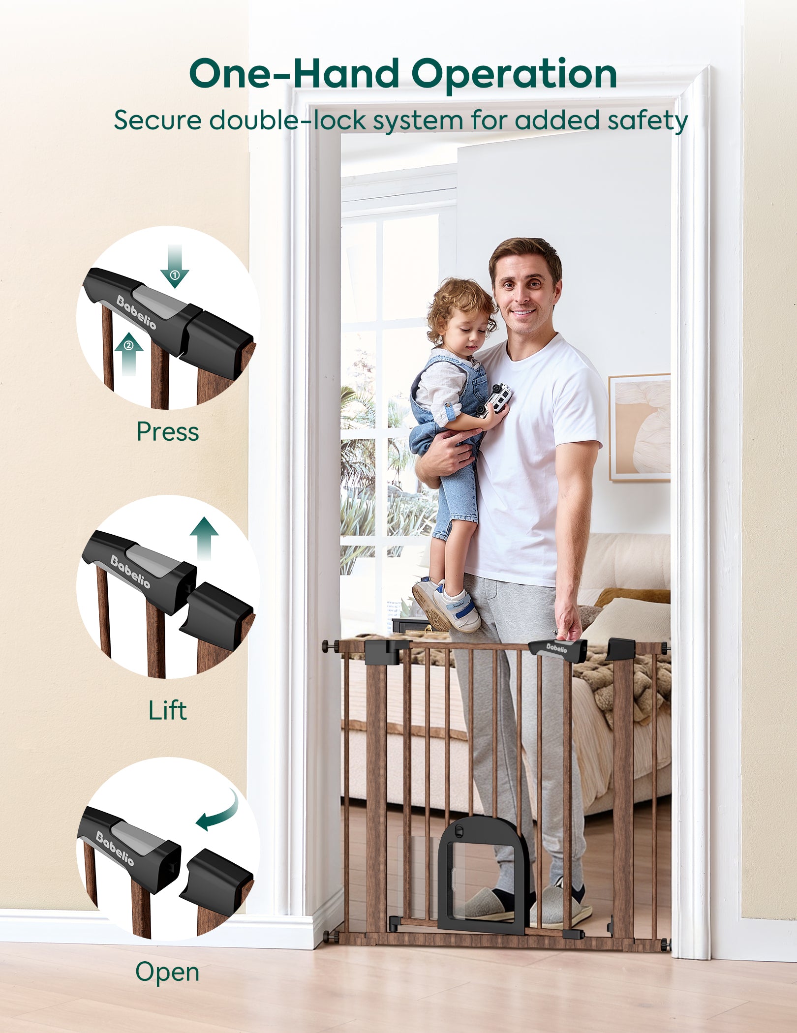 Wooden baby gate with one-hand operation feature,dad holding a child, and text about safety.#Color_Brown Wood Pattern