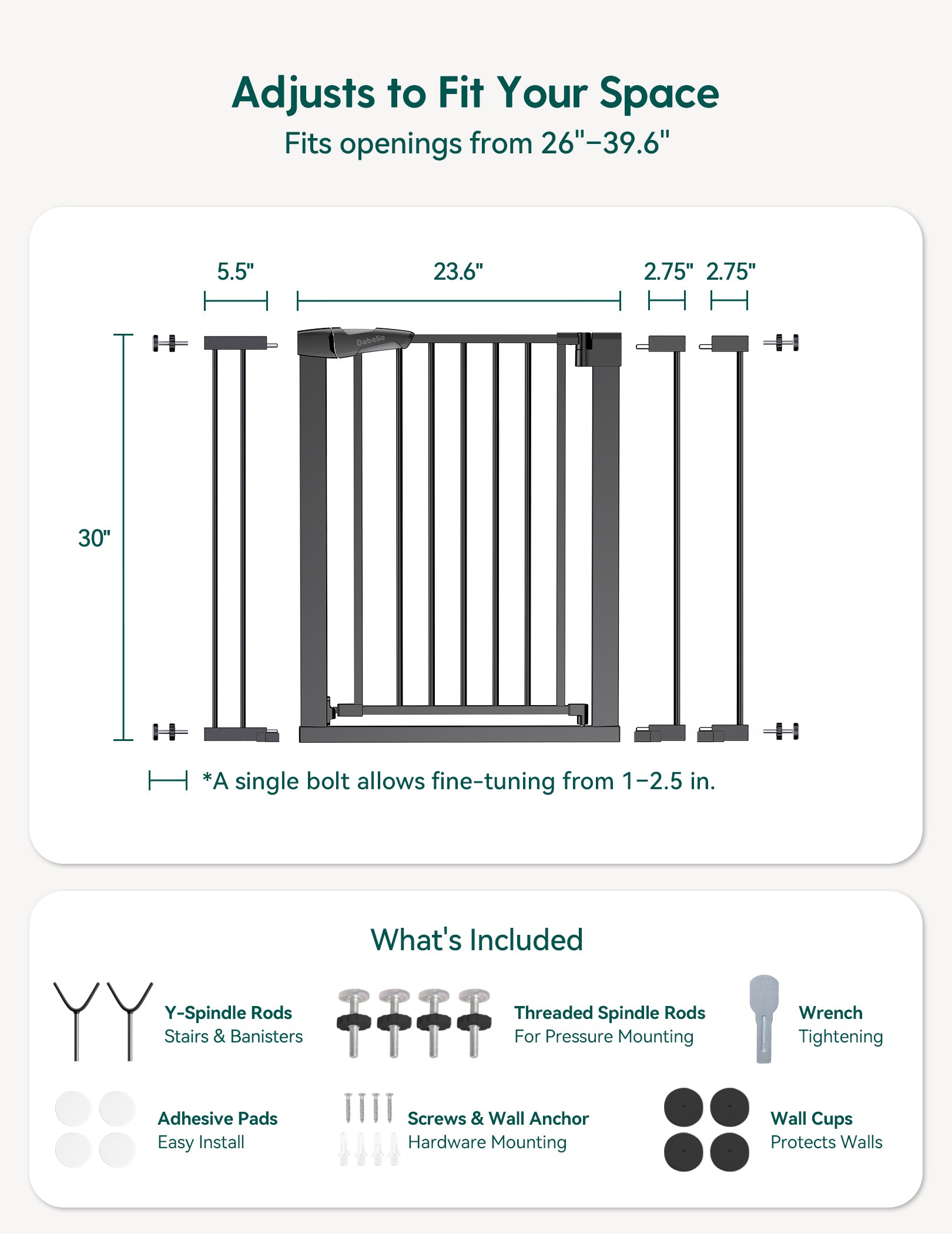 Dimensions and features of a adjustable space gate with included hardware on a white background.#Color_Black