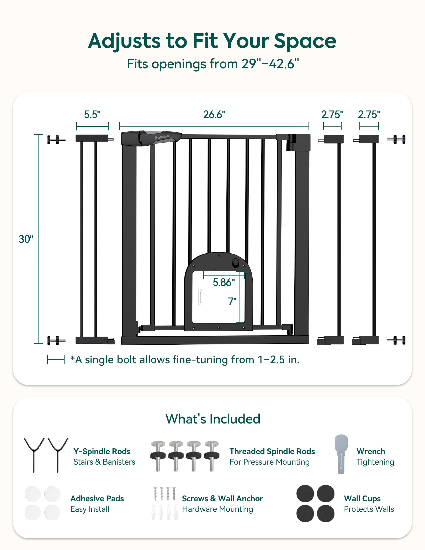 Dimensions and features of a adjustable space gate with specifications on a white background.#Color_Black