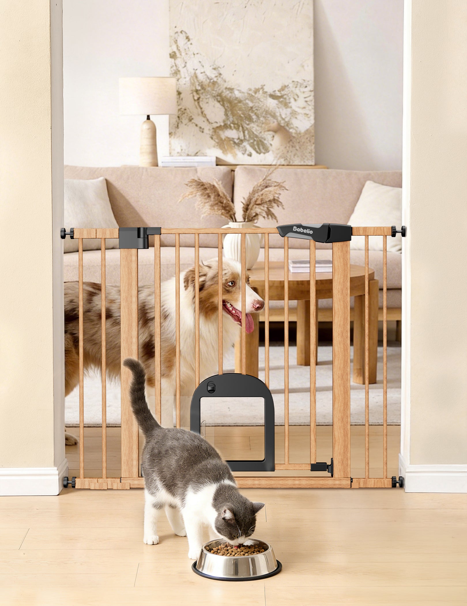 Pet gate with a cat and dog in a living room setting#Color_Wood Pattern