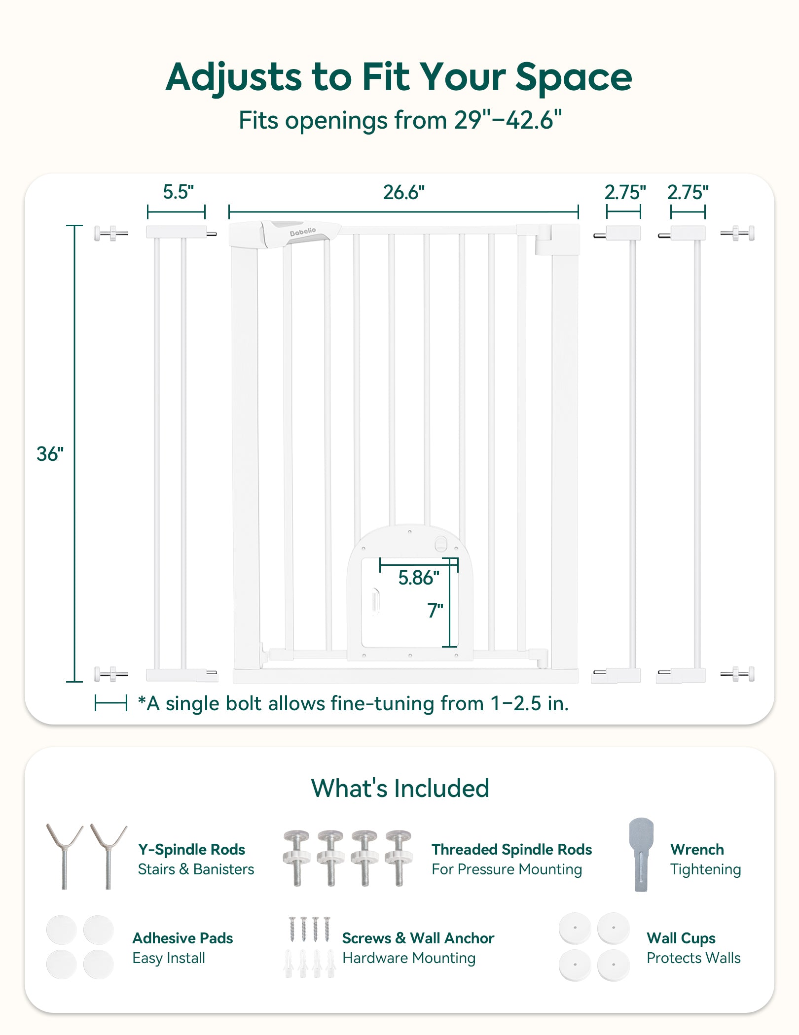 Measurement chart for a security gate with dimensions and included components.#Color_White